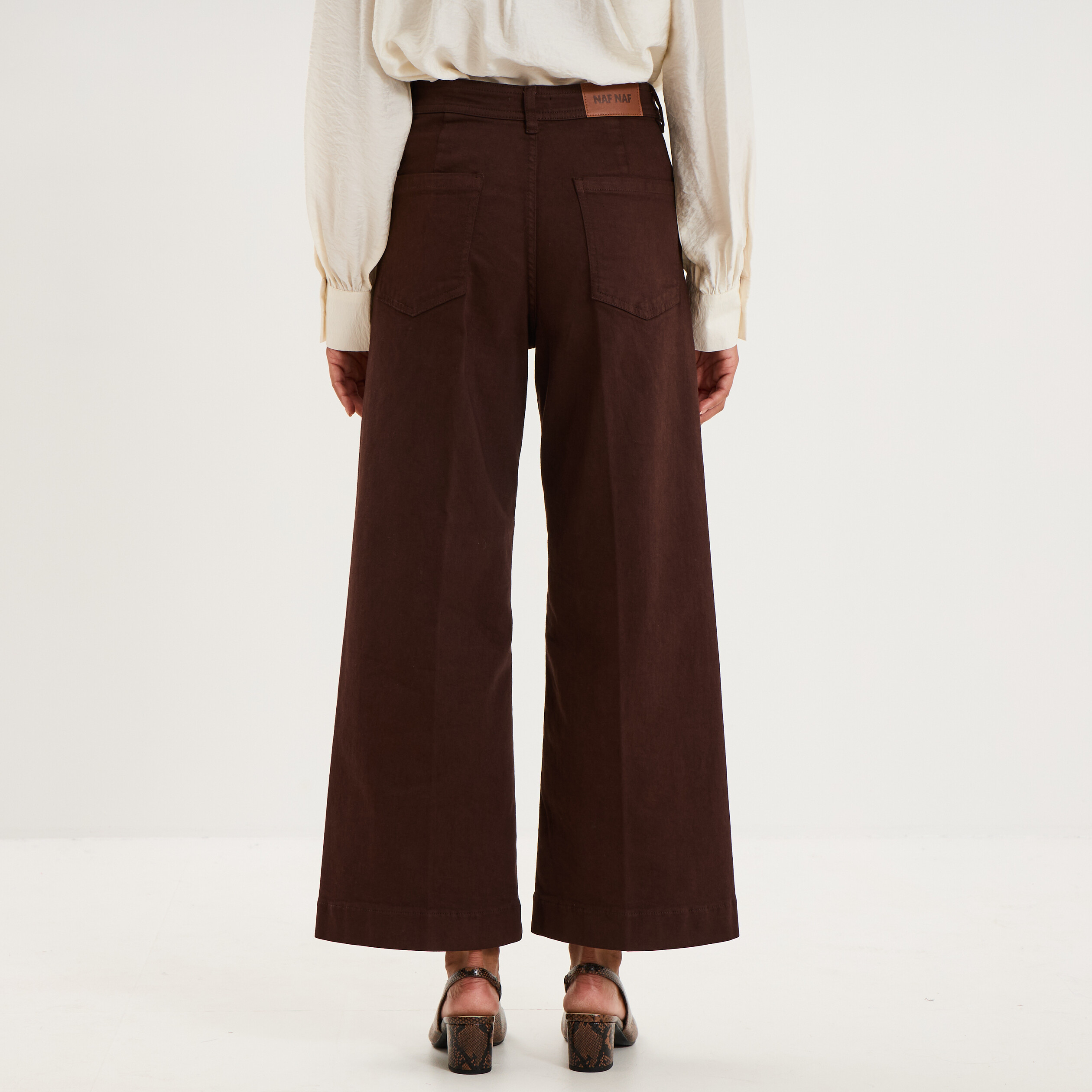 Pantalon large poche plaqu&eacute;e cropped marron fonc&eacute; femme