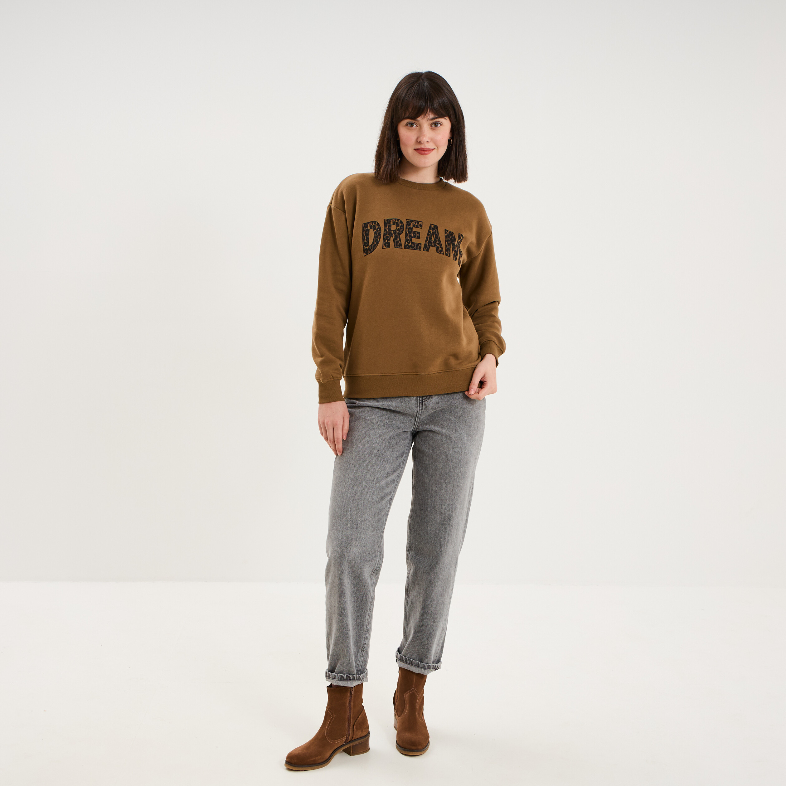 Sweat col rond manches longues beige femme
