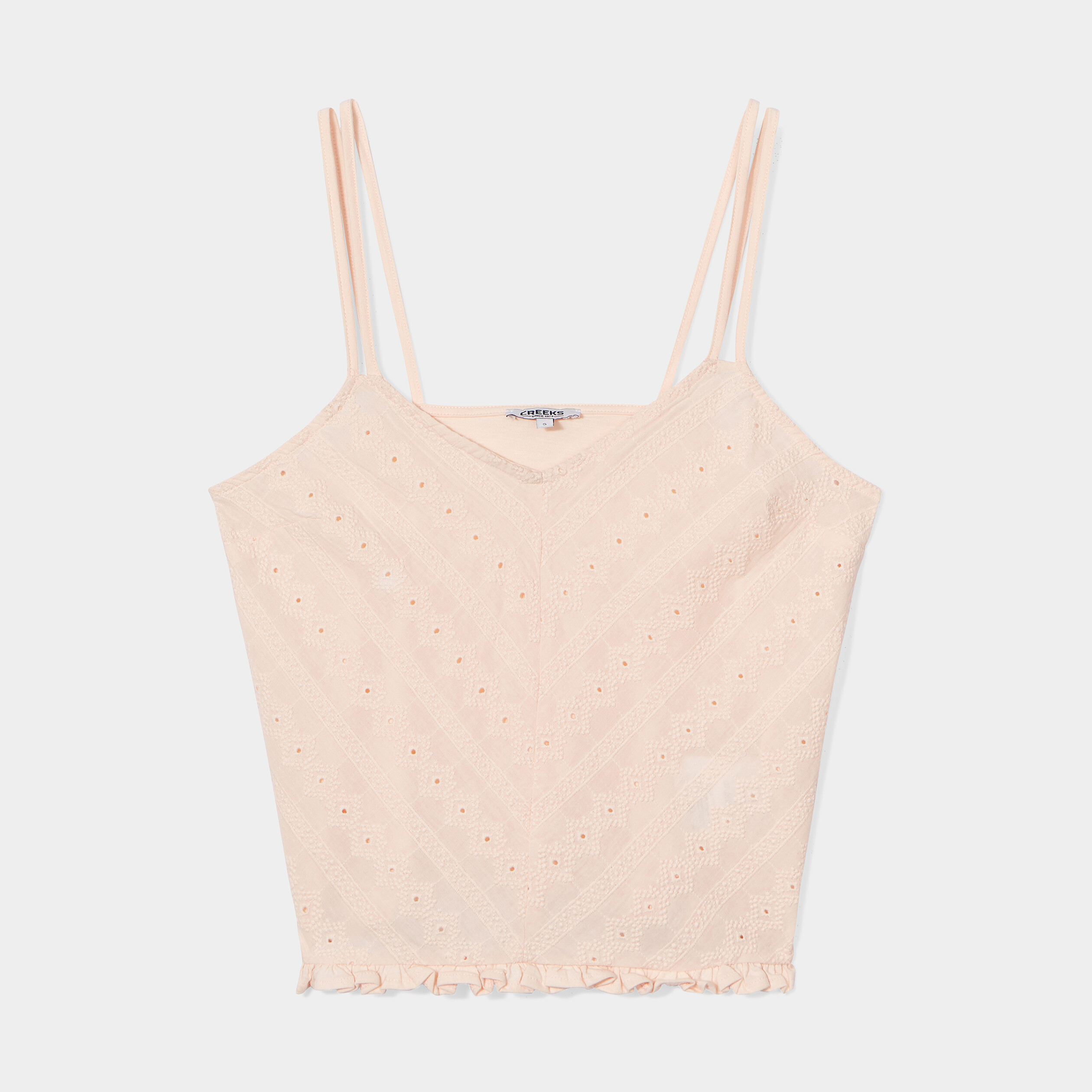debardeur broderie anglaise a volants rose clair femme Débardeur broderie anglaise à volants rose clair femme