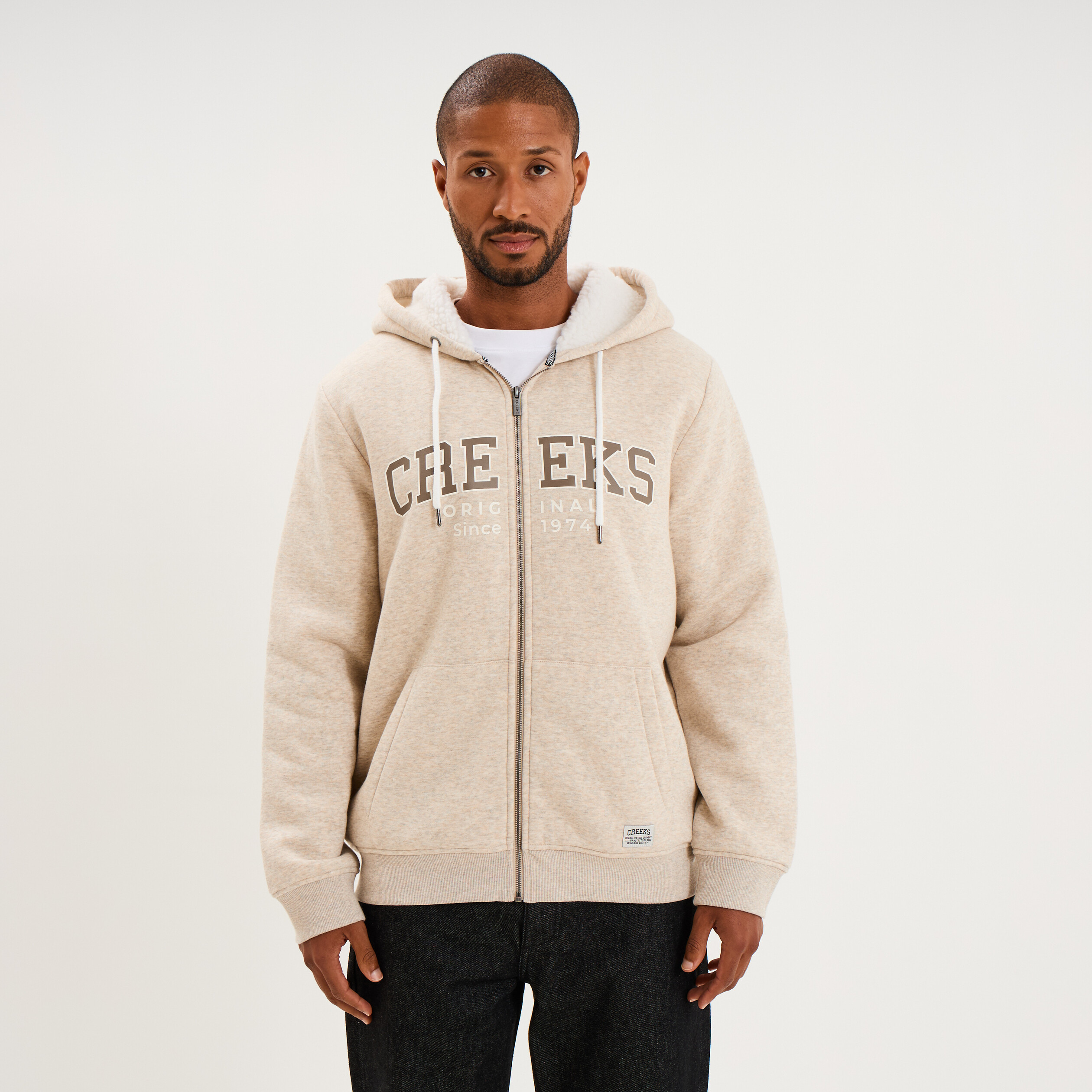 Sweat zipp&eacute; &agrave; capuche doubl&eacute; polaire beige homme