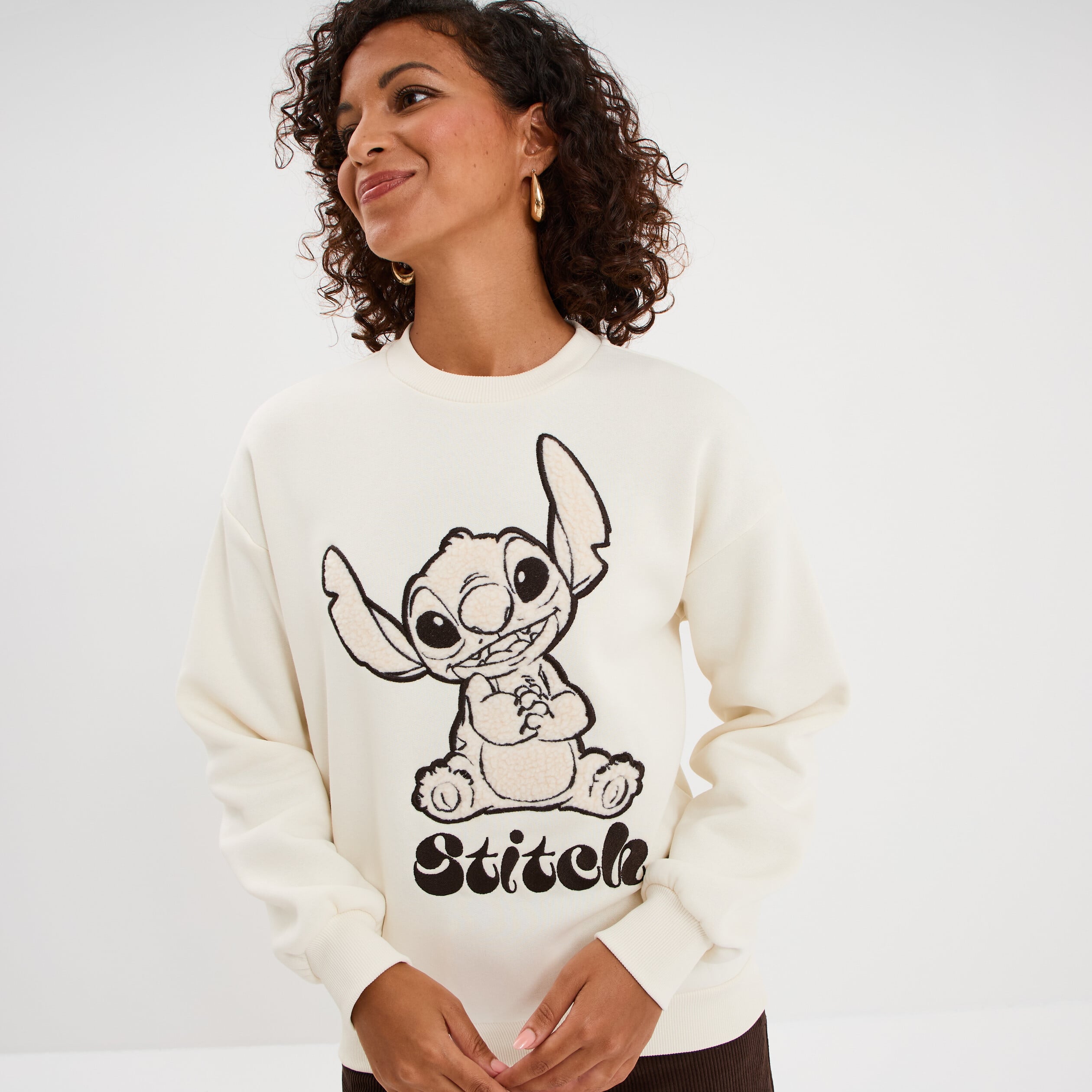 Sweat col rond manches longues Stitch ivoire femme