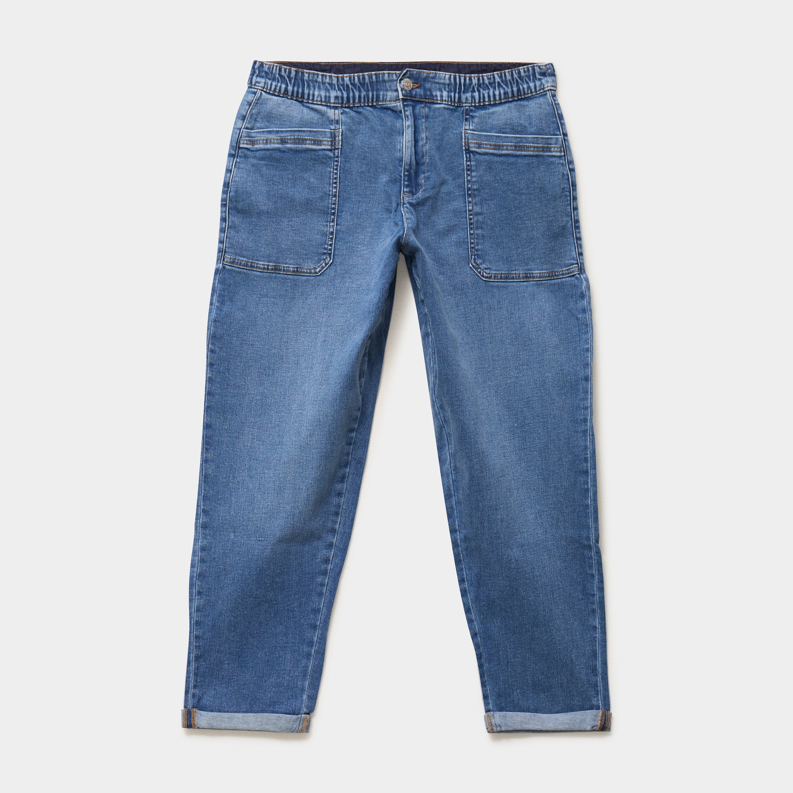 Jean droit taille &eacute;lastiqu&eacute;e &agrave; revers denim stone femme grande taille