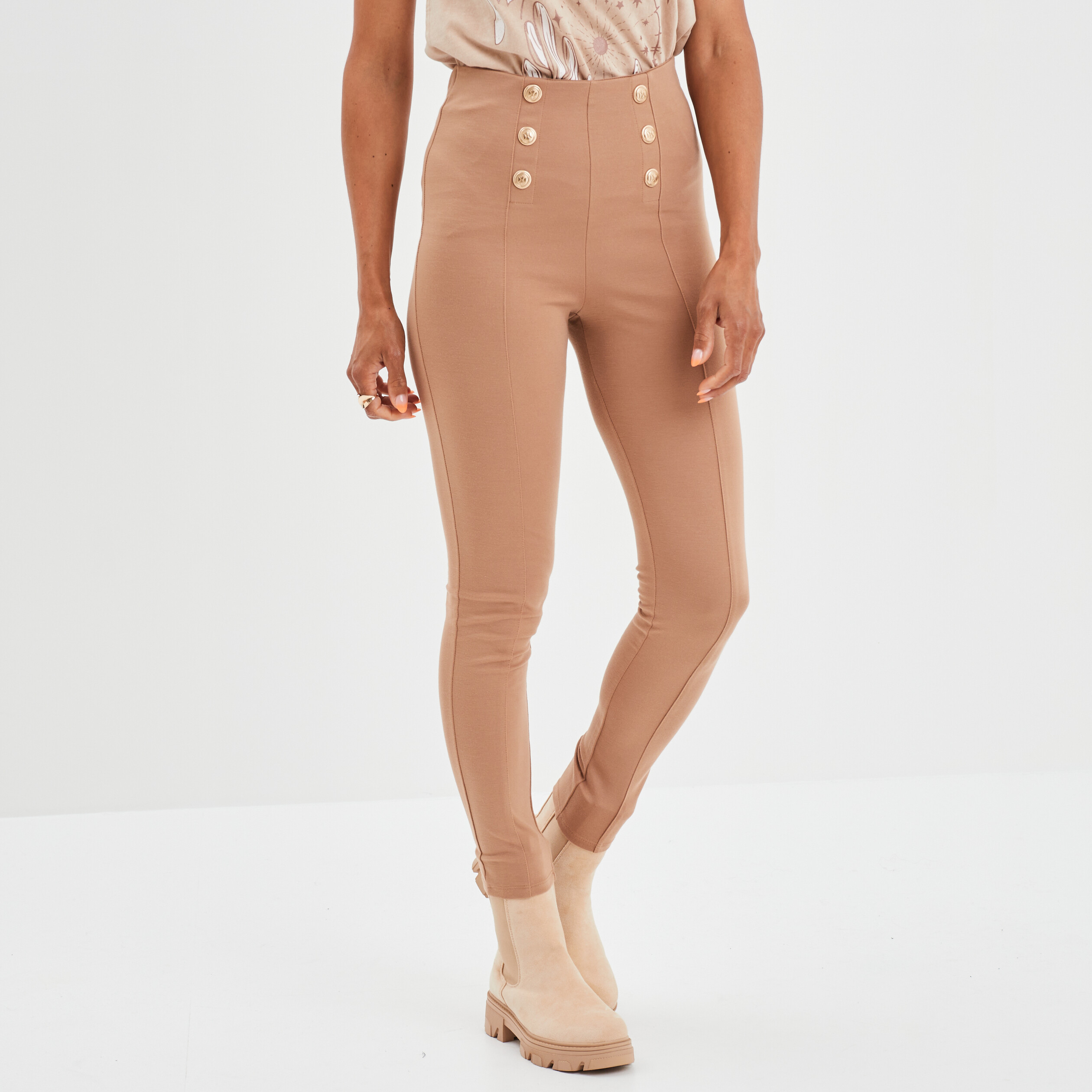 Pantalon tregging slim a ponts marron clair femme