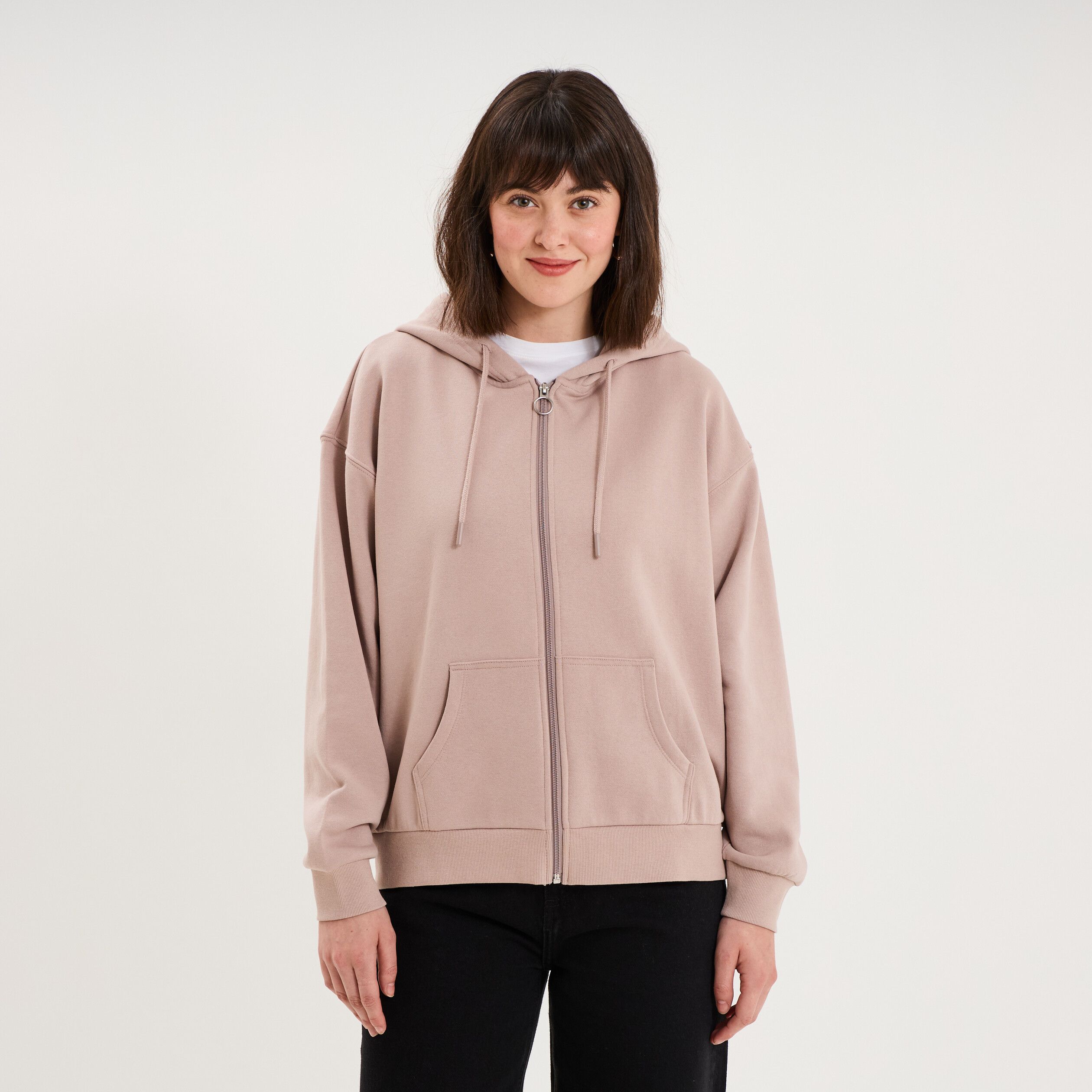 Sweat zipp&eacute; &agrave; capuche marron clair femme