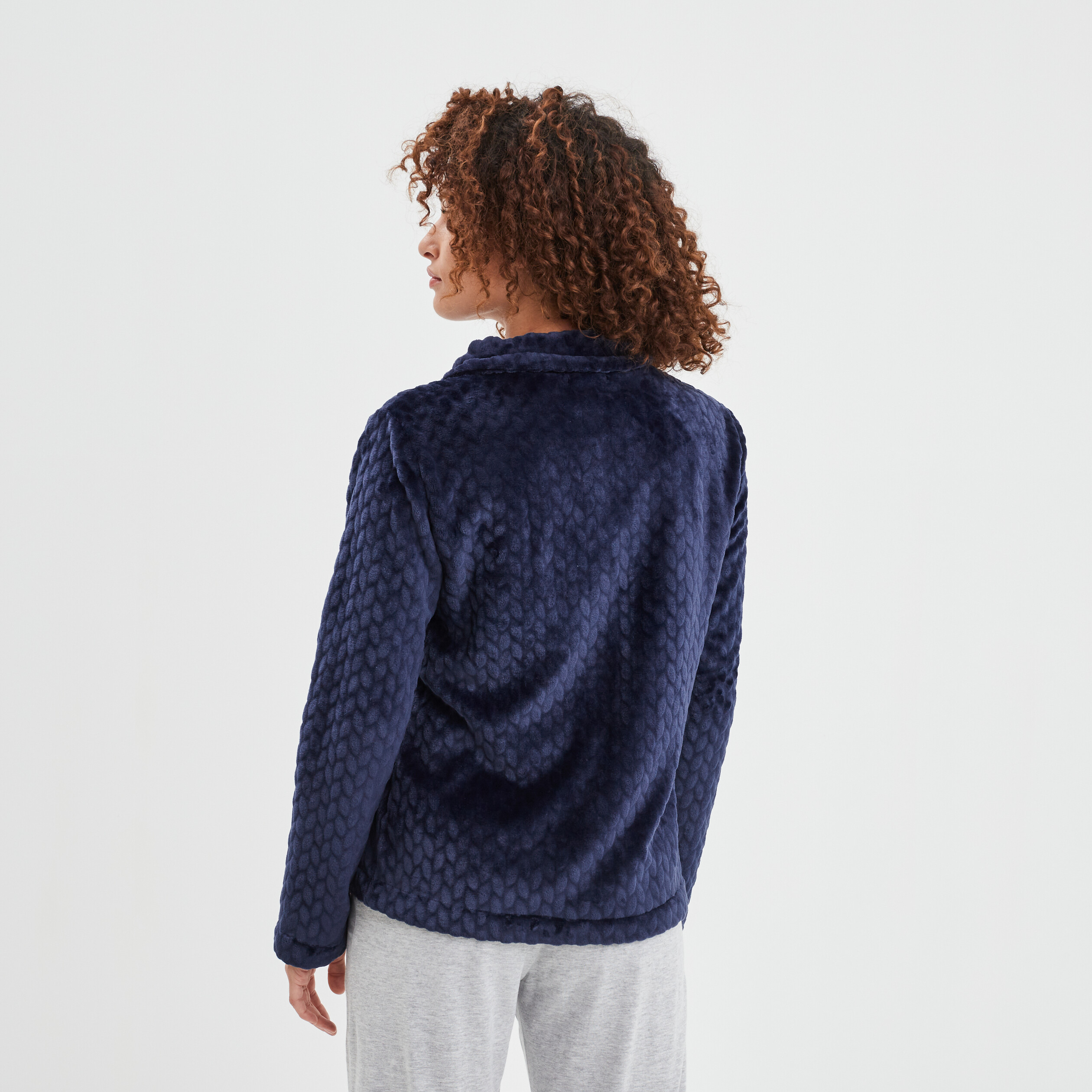 Veste pyjama pilou zippée col montant bleu marine femme