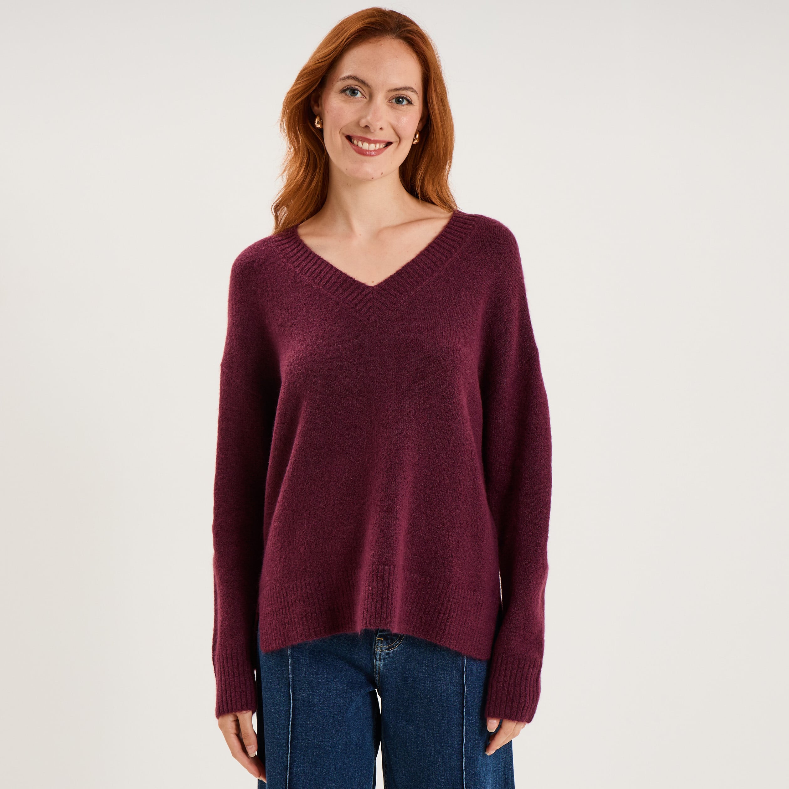 Pull col en V manches longues prune femme