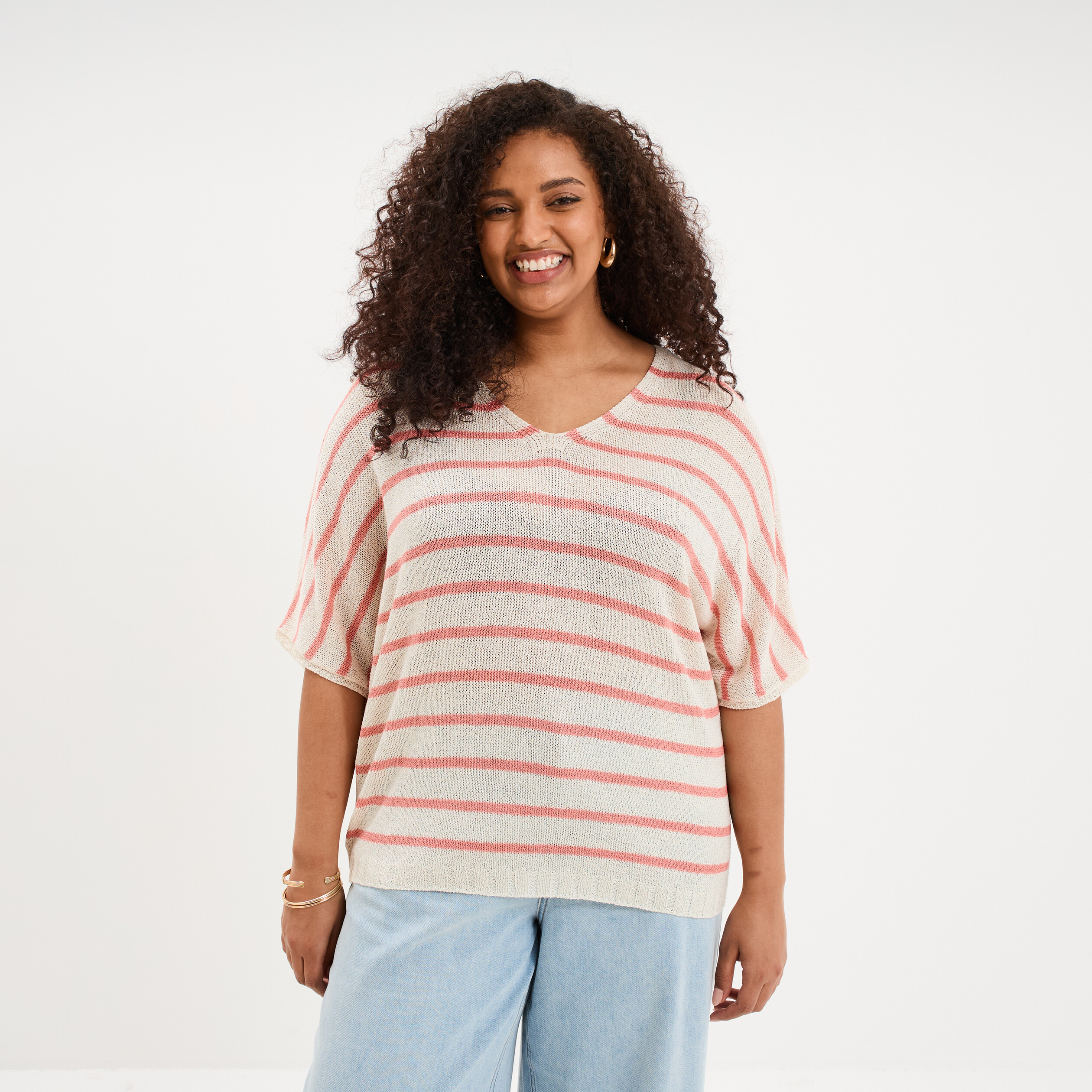 Pull manches 3/4 col en V blanc femme grande taille
