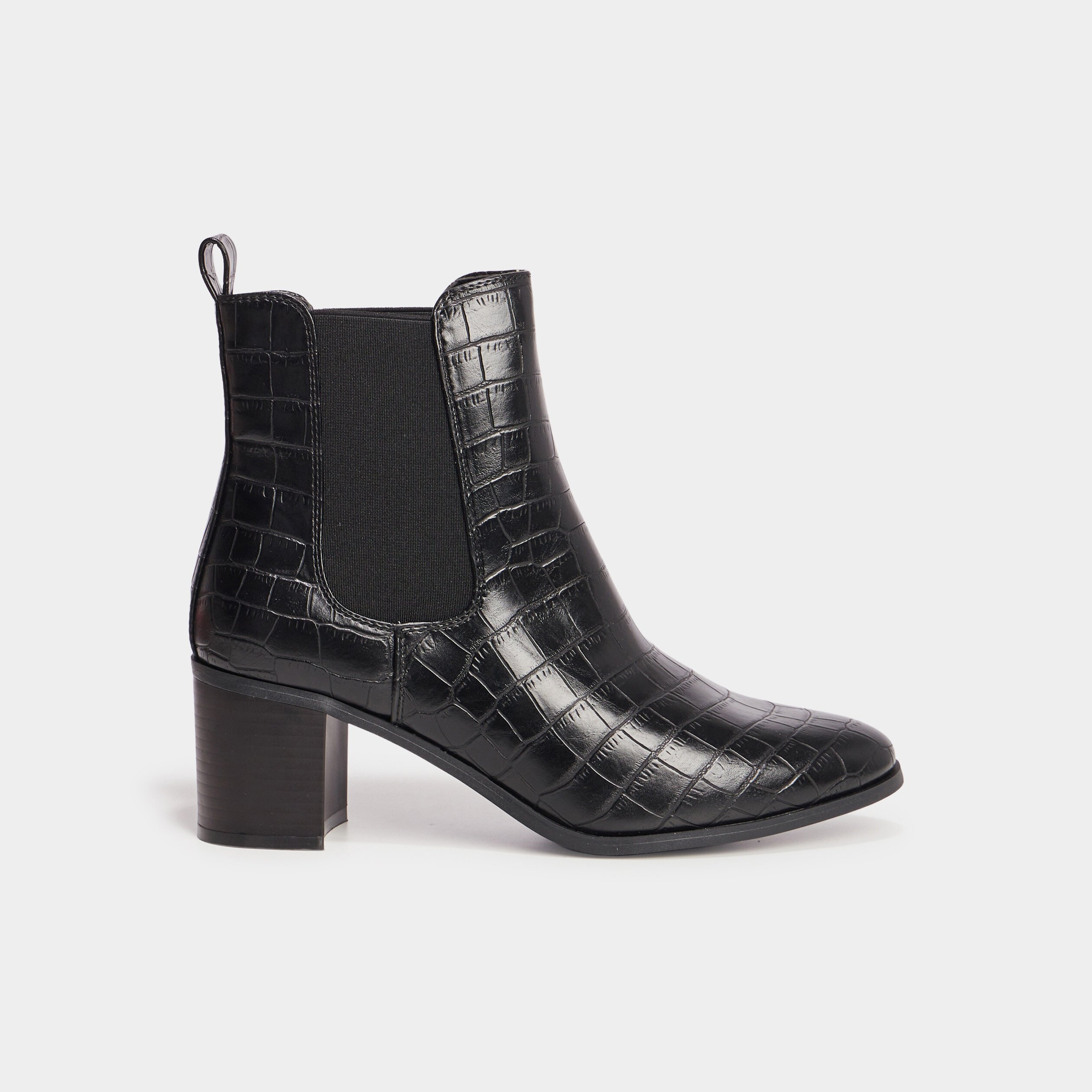 bottines a talons aspect croco noir femme Bottines à talons aspect croco noir femme