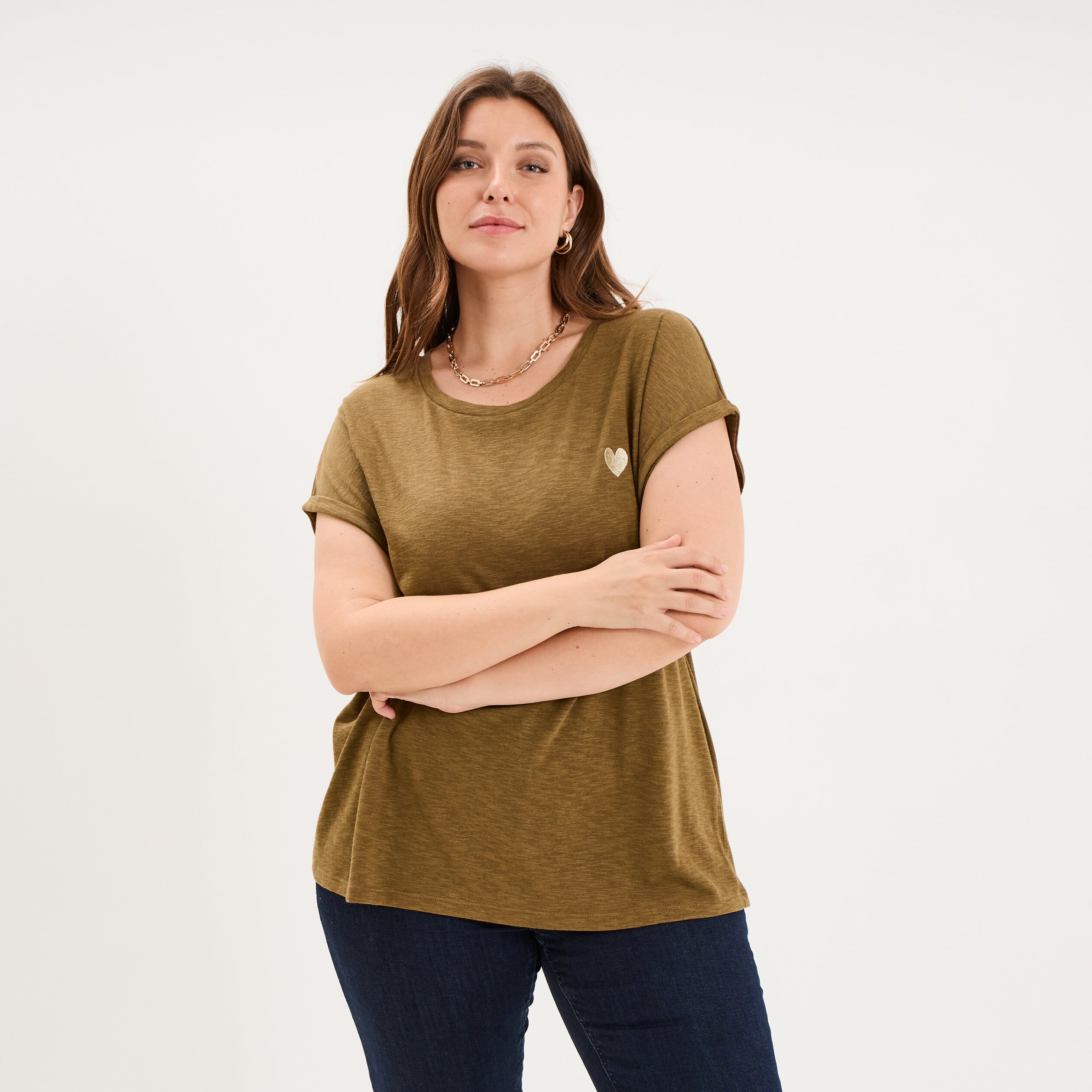 T-shirt droit manches courtes col rond beige femme grande taille