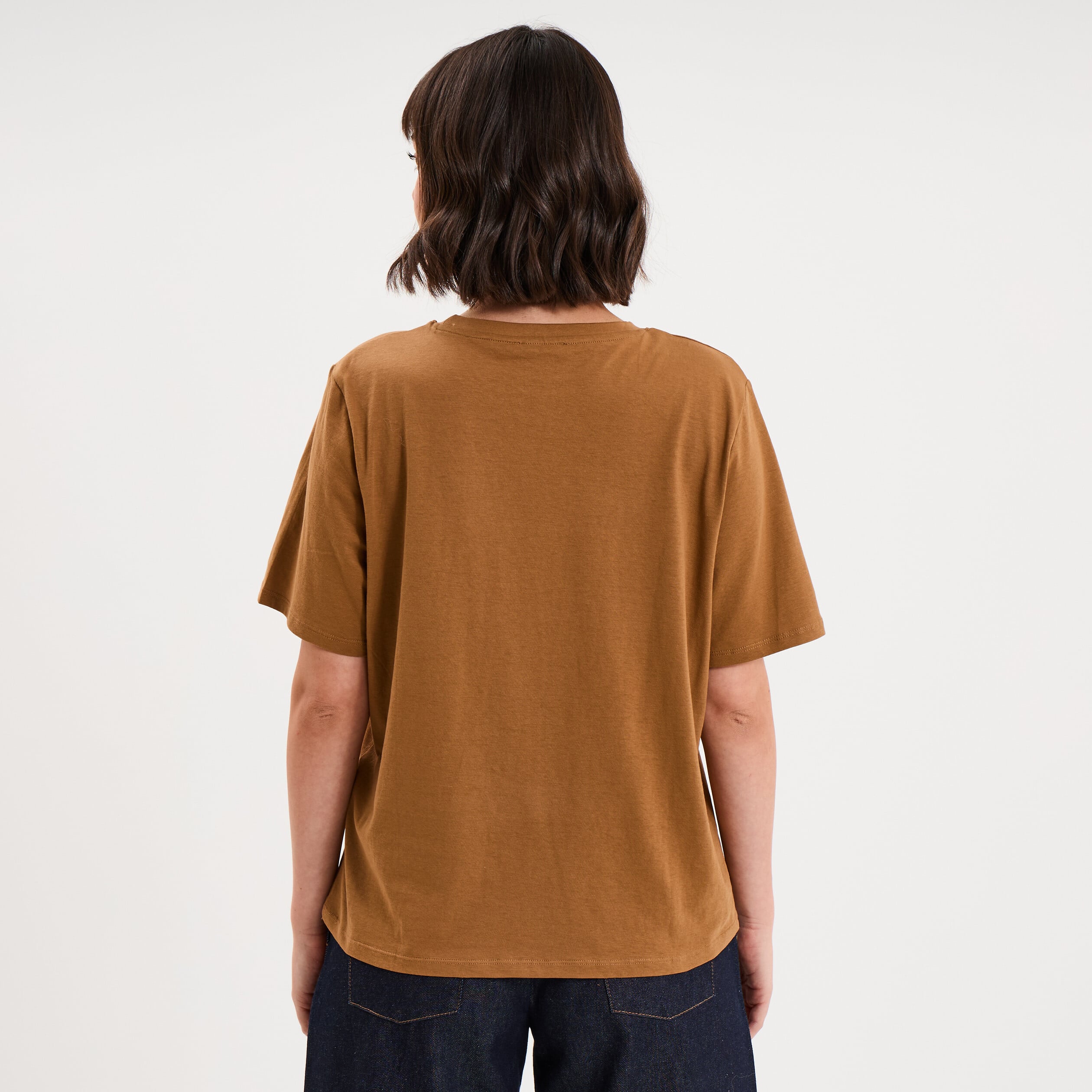 T-shirt col rond manches courtes print marron clair femme