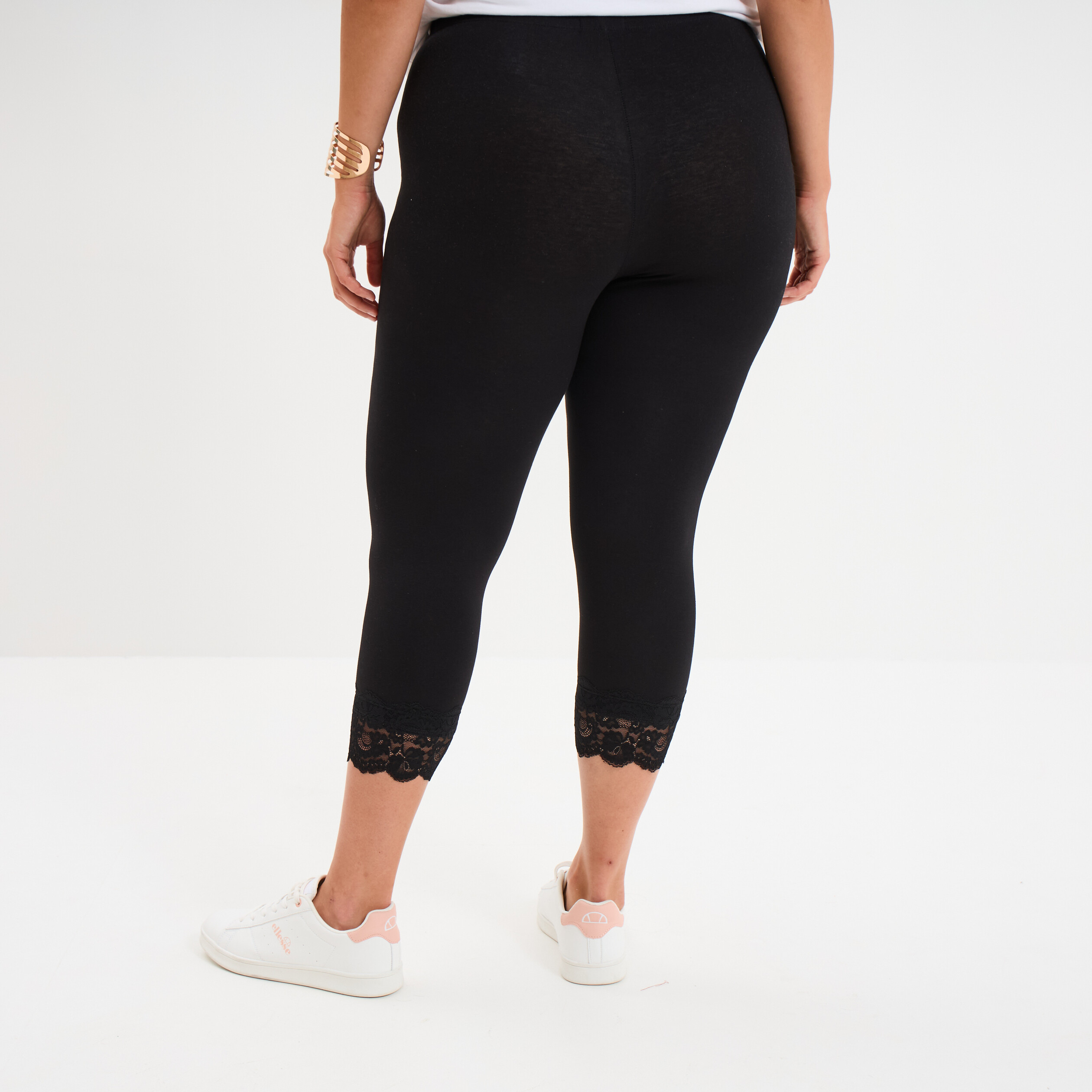 Legging 7/8&egrave;me bandes dentelle noir femme grande taille