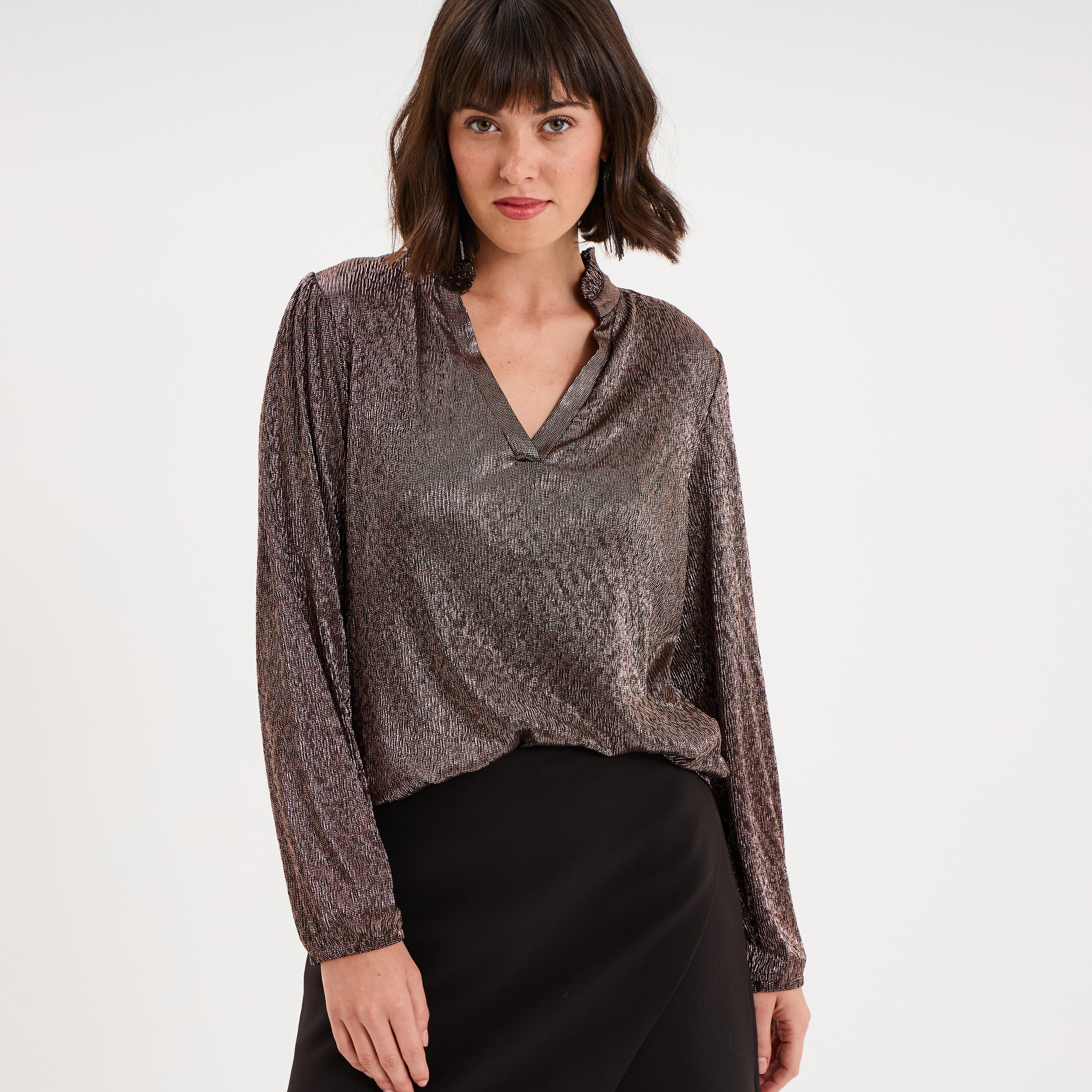 Blouse manches longues col tunisien terracotta femme