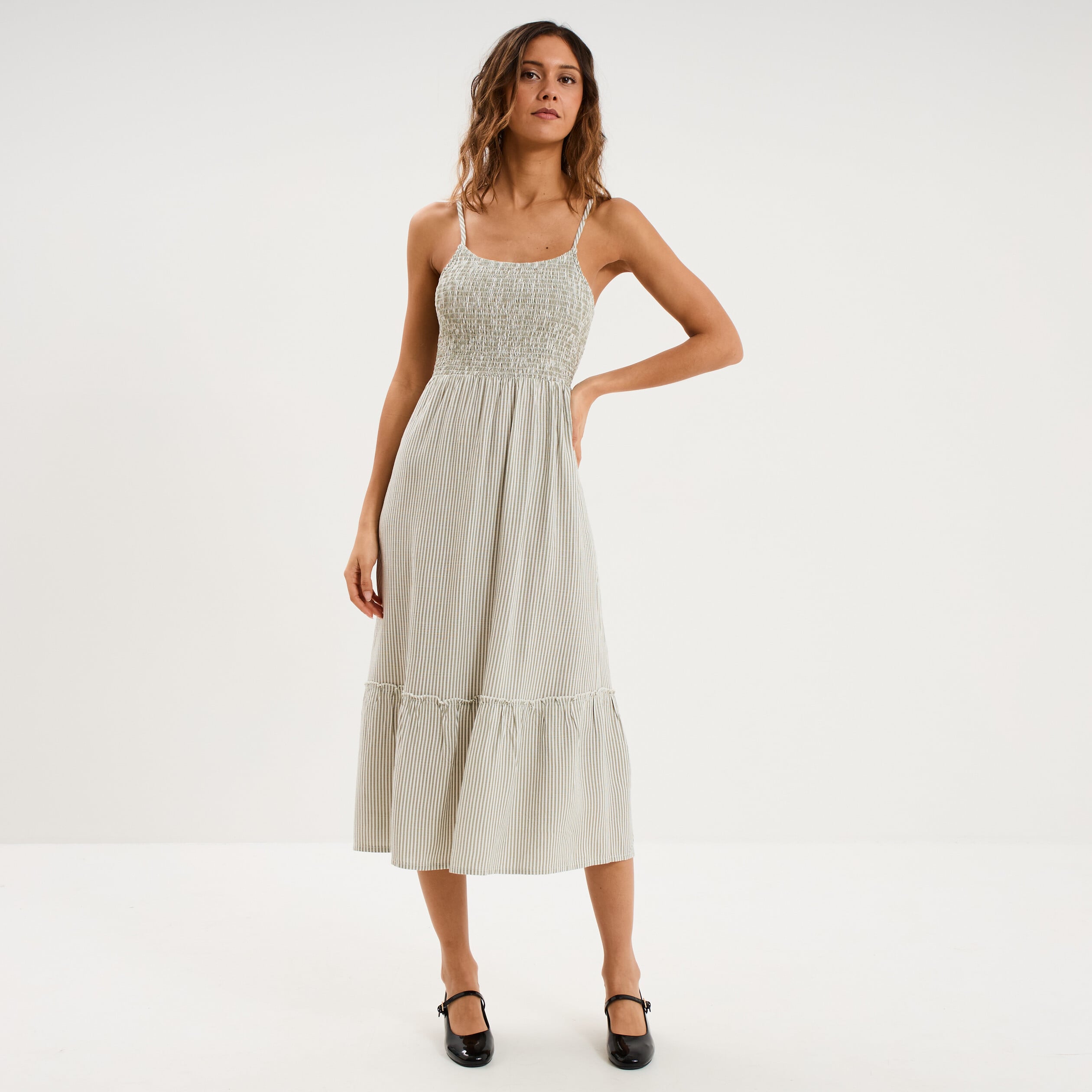 Robe longue buste smock&eacute; lin m&eacute;lang&eacute; blanc femme