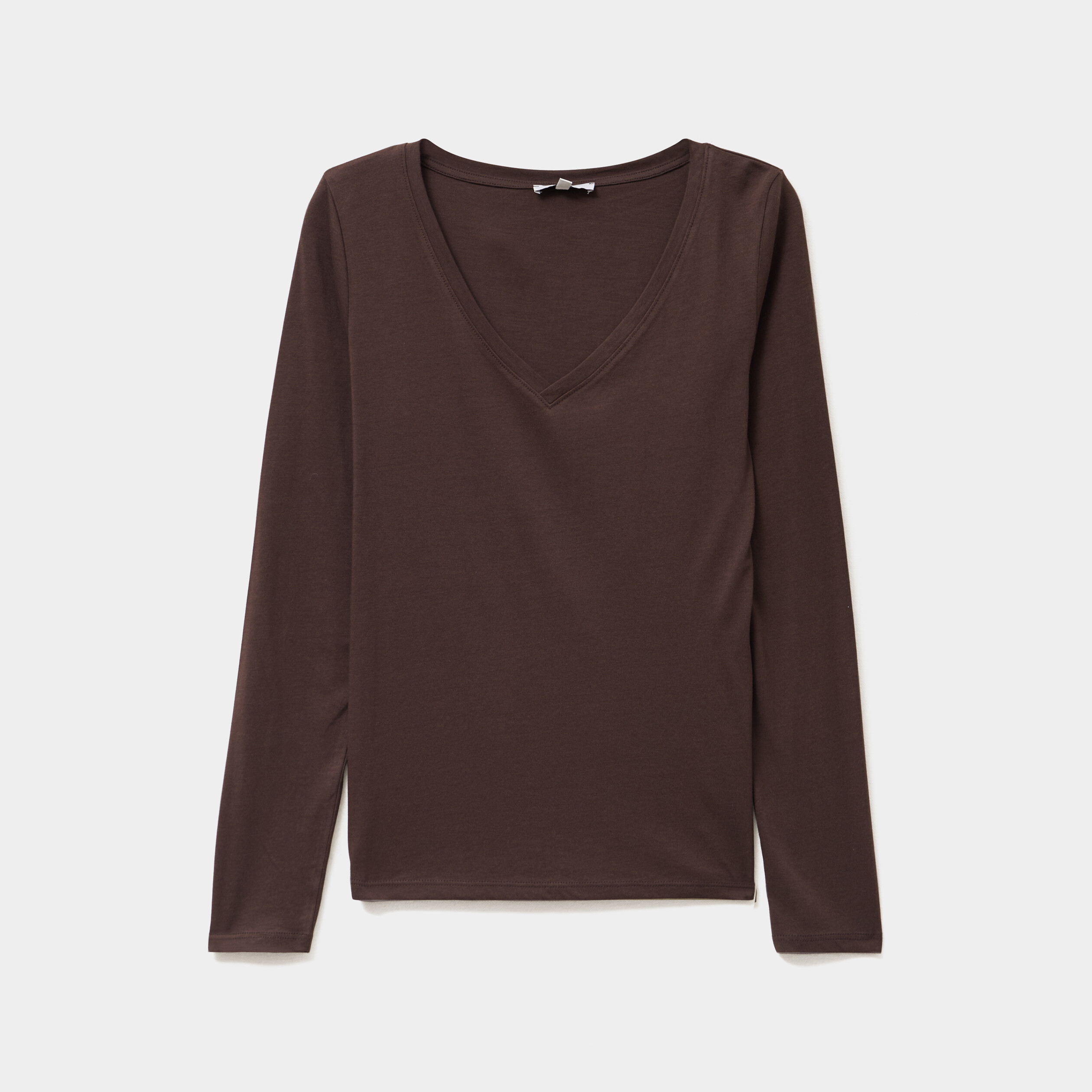 t shirt col en v manches longues coton marron fonce femme T-shirt col en V manches longues coton marron foncé femme