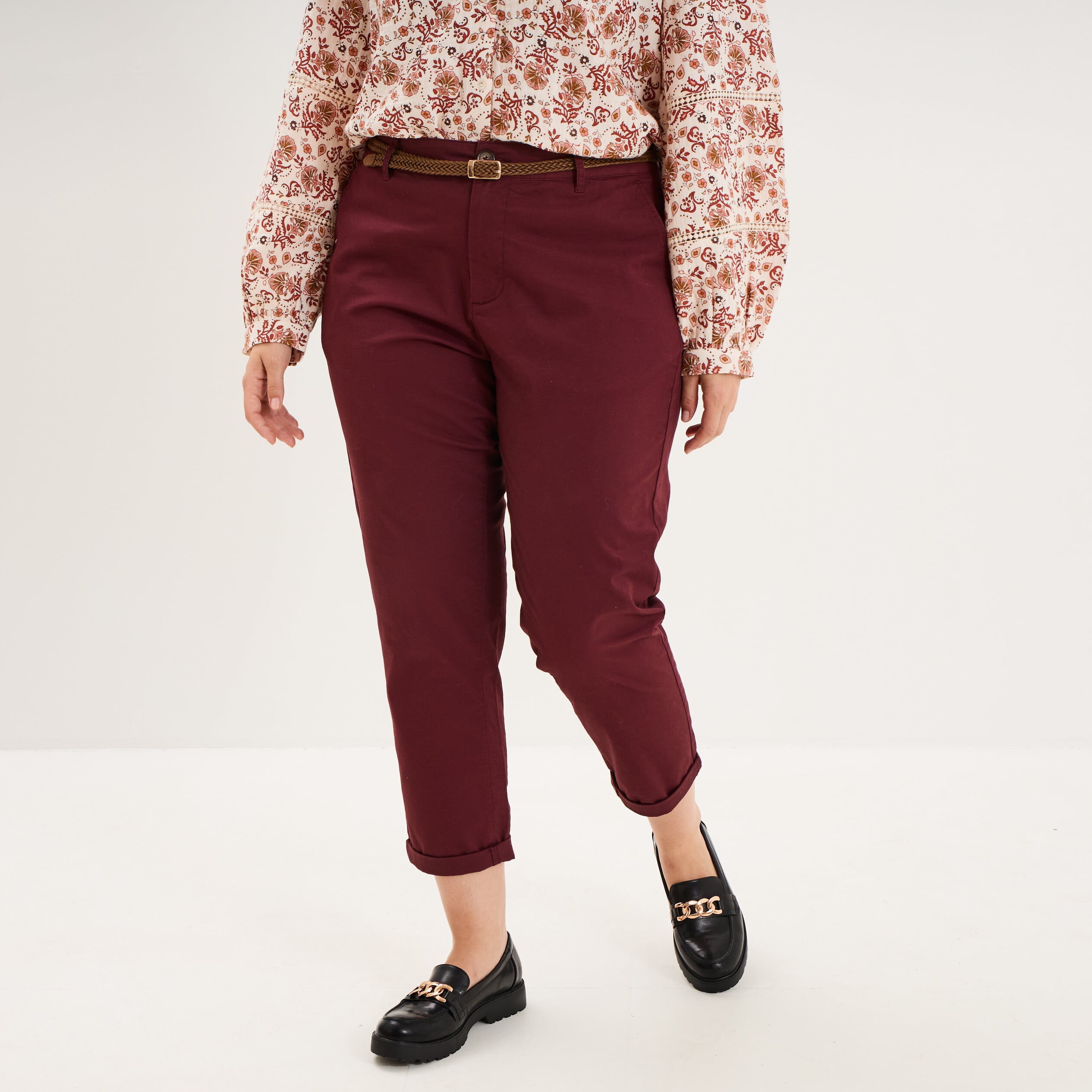 Pantalon chino taille haute coton violet fonc&eacute; femme grande taille