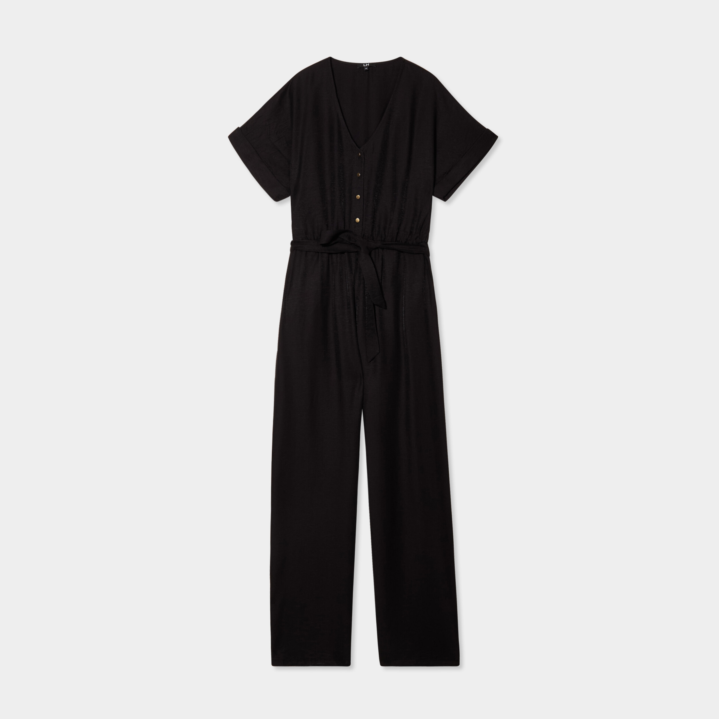 Combinaison pantalon ceintur&eacute;e col en V noir femme