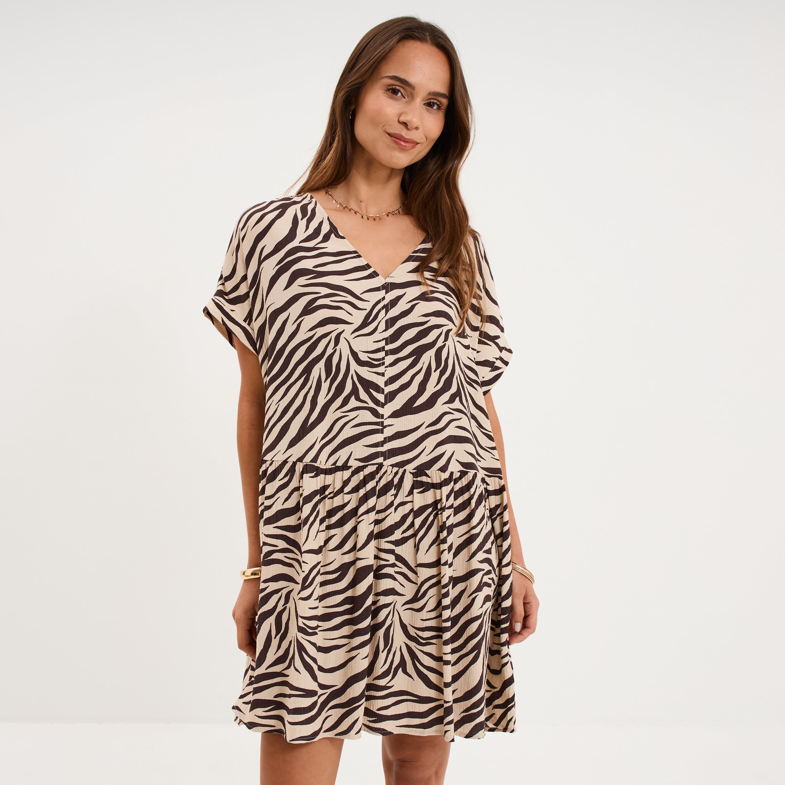 Robe courte fluide manches courtes beige clair femme