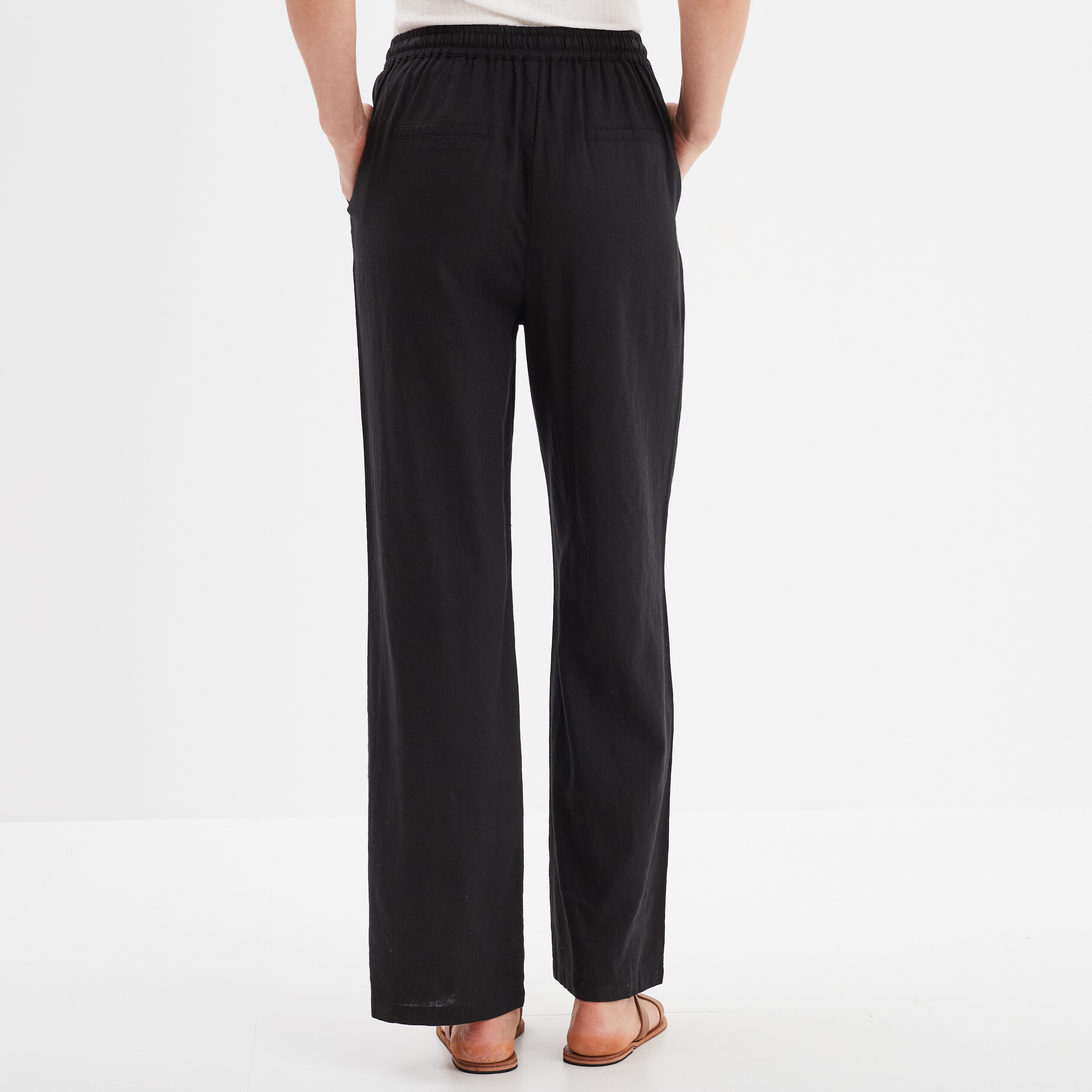 pantalon melange lin taille elastiquee noir femme Pantalon mélange lin taille élastiquée noir femme