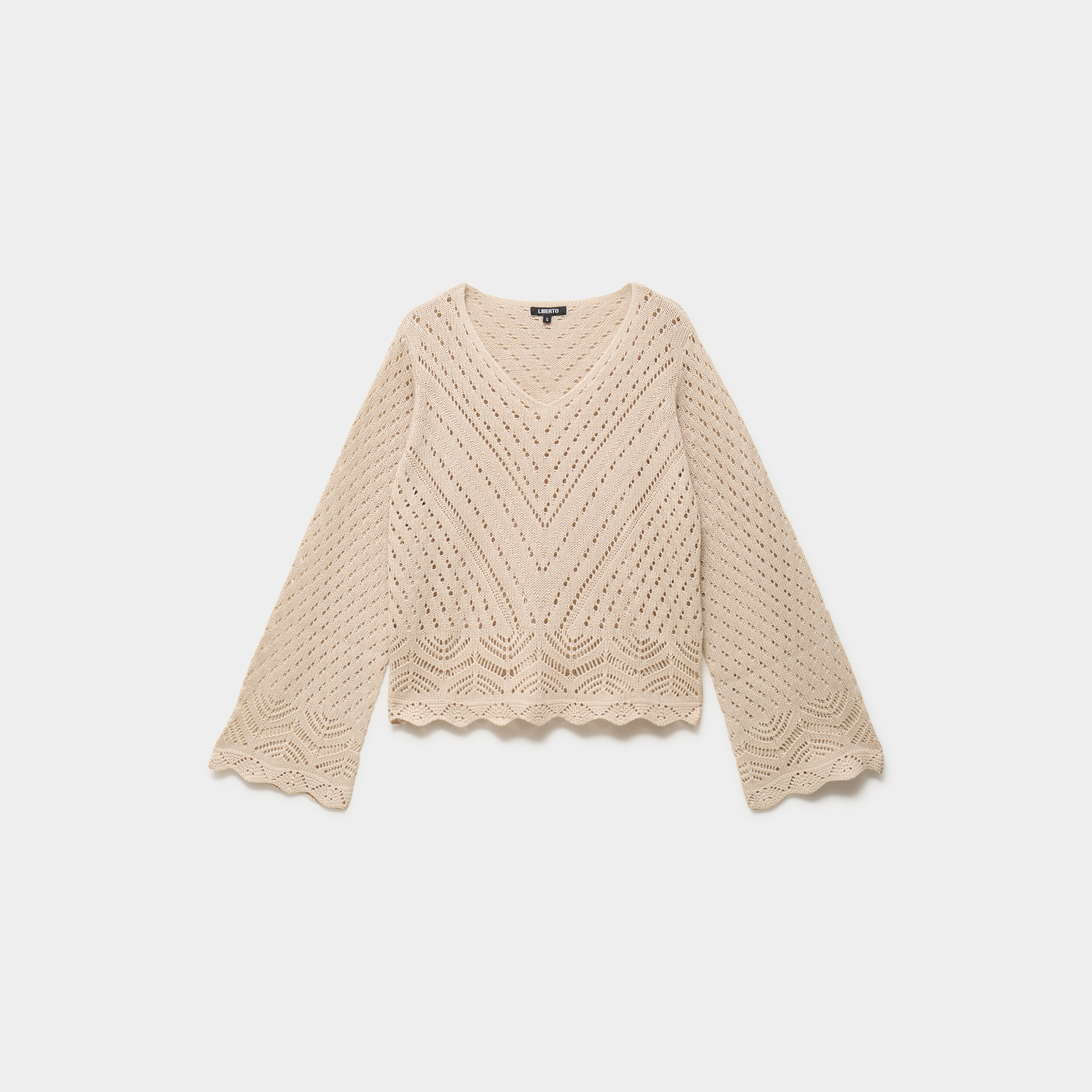 Pull ajour&eacute; col en V manches longues beige femme
