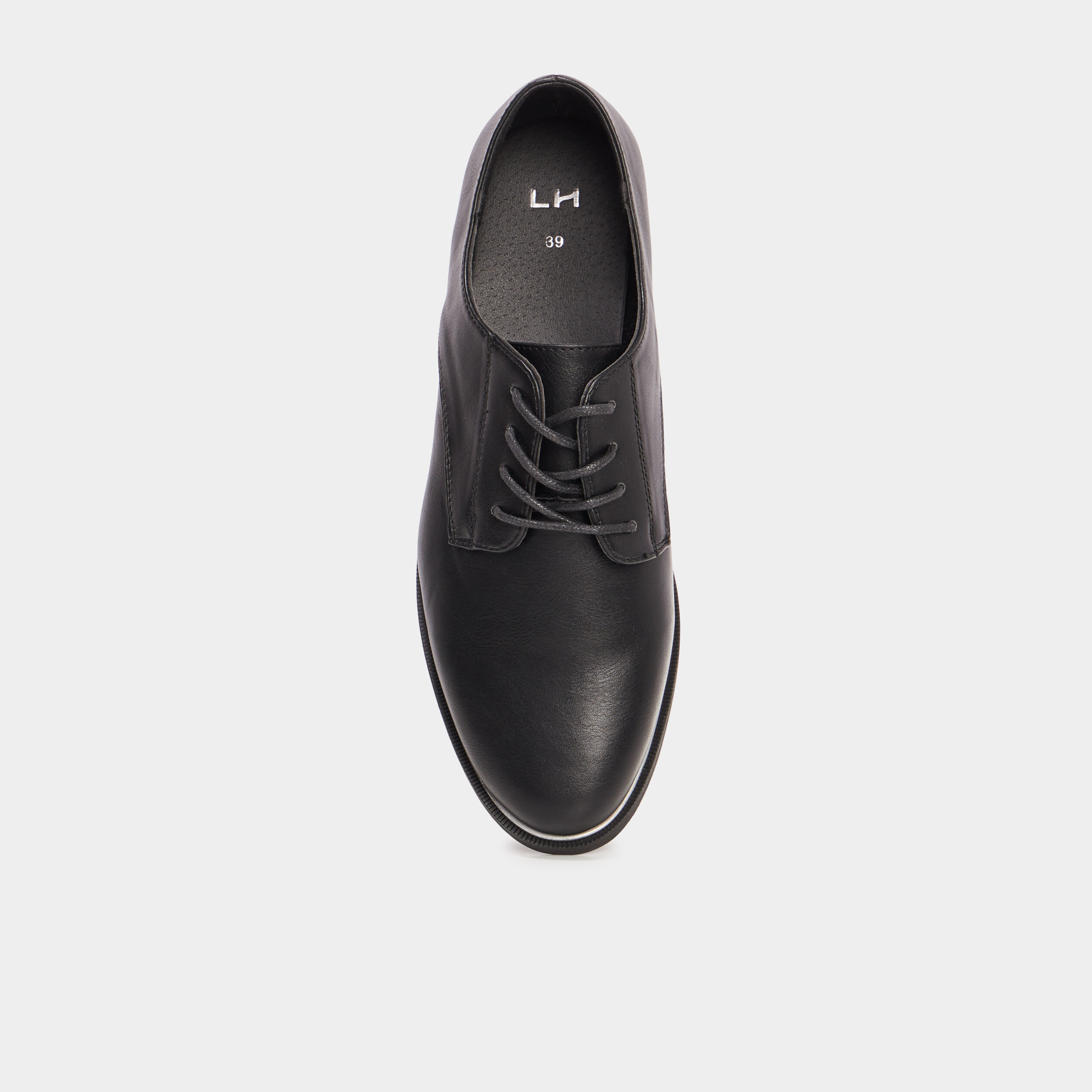 Derbies liser&eacute;s m&eacute;tallis&eacute;s talon plat noir femme