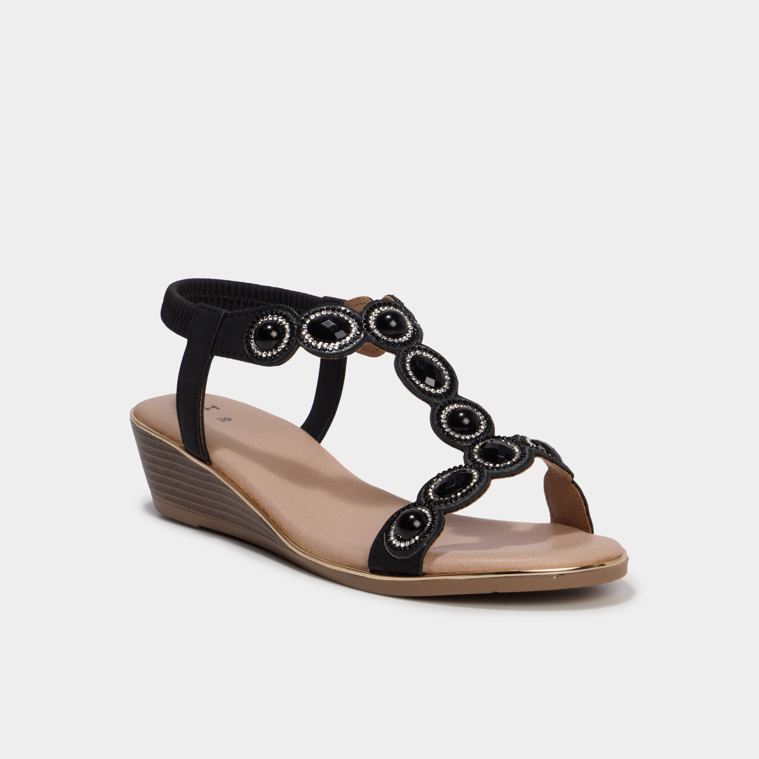 Sandales compens&eacute;es d&eacute;tails bijoux noir femme