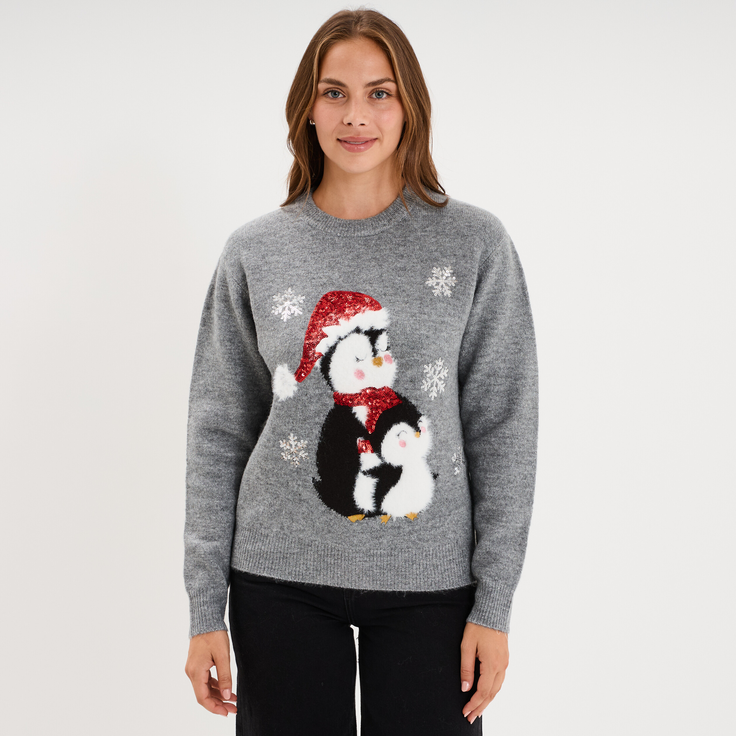 Pull de No&euml;l avec sequins gris clair femme