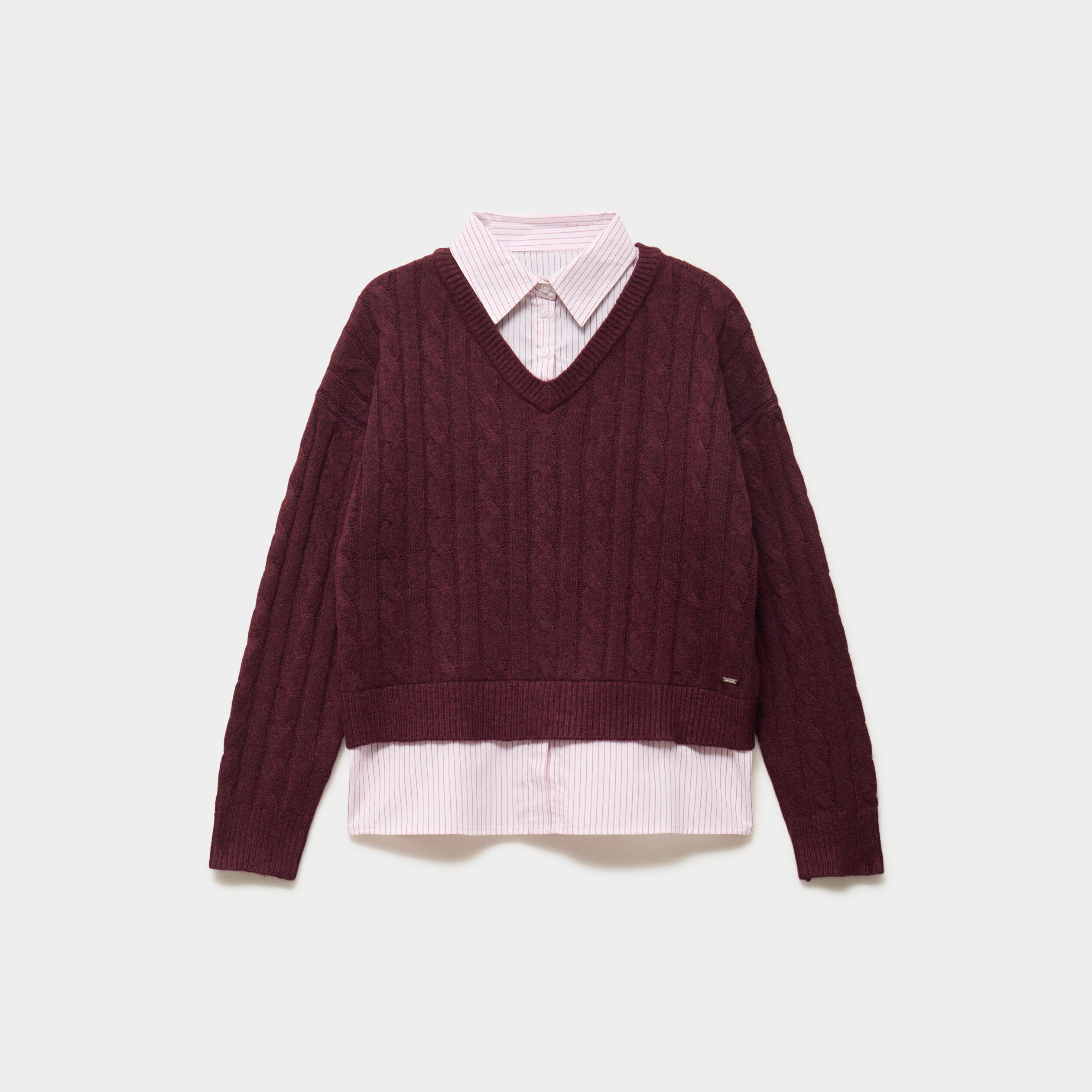 Pull torsades effet 2-en-1 chemise violet fonc&eacute; femme