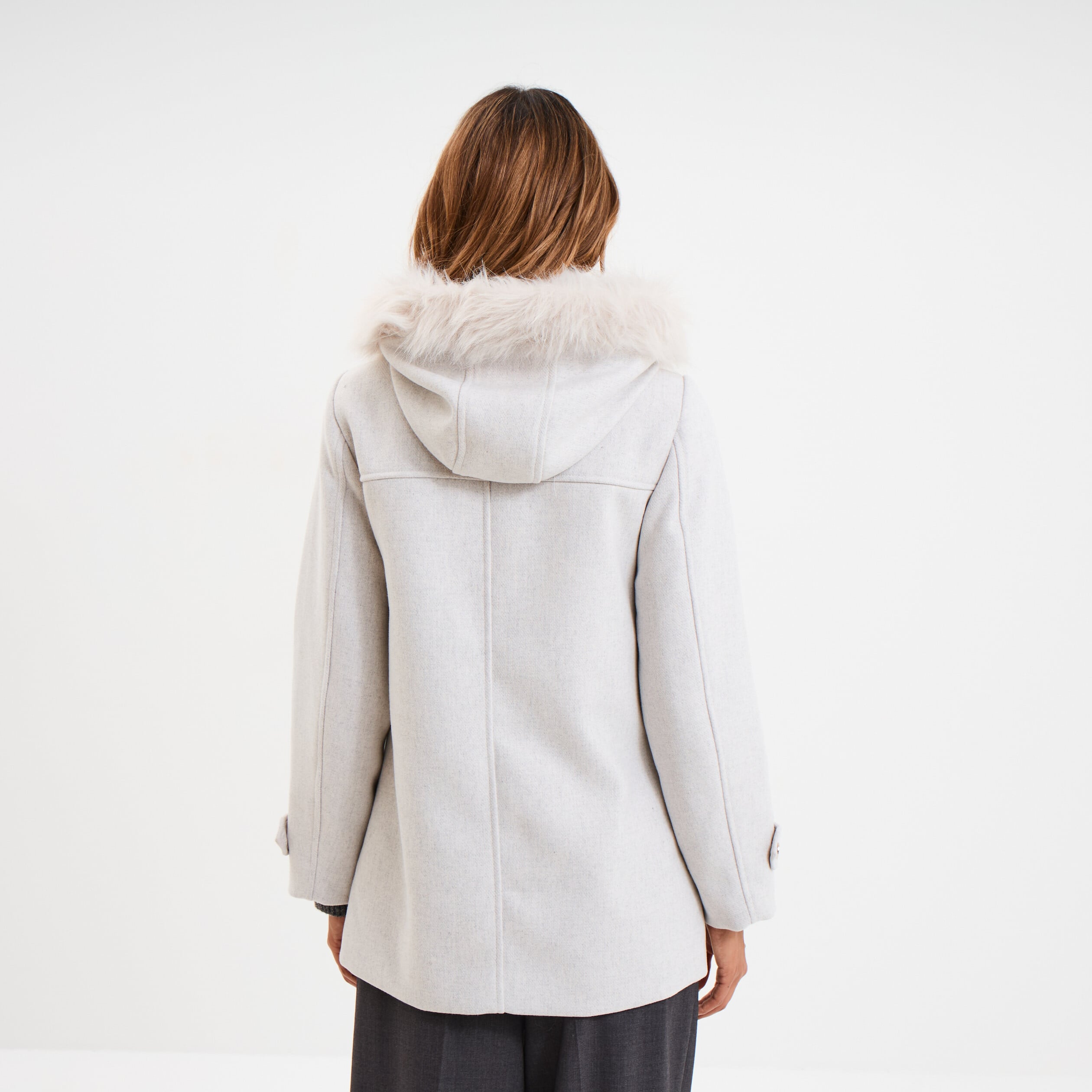 Manteau &agrave; capuche fausse fourrure gris clair femme