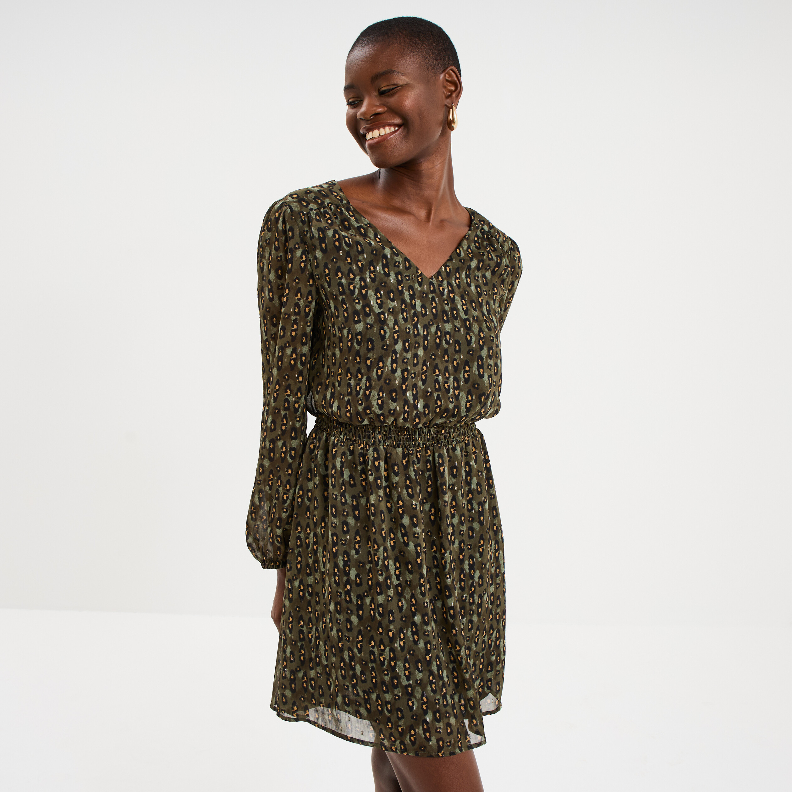 Robe fluide manches longues vert kaki femme