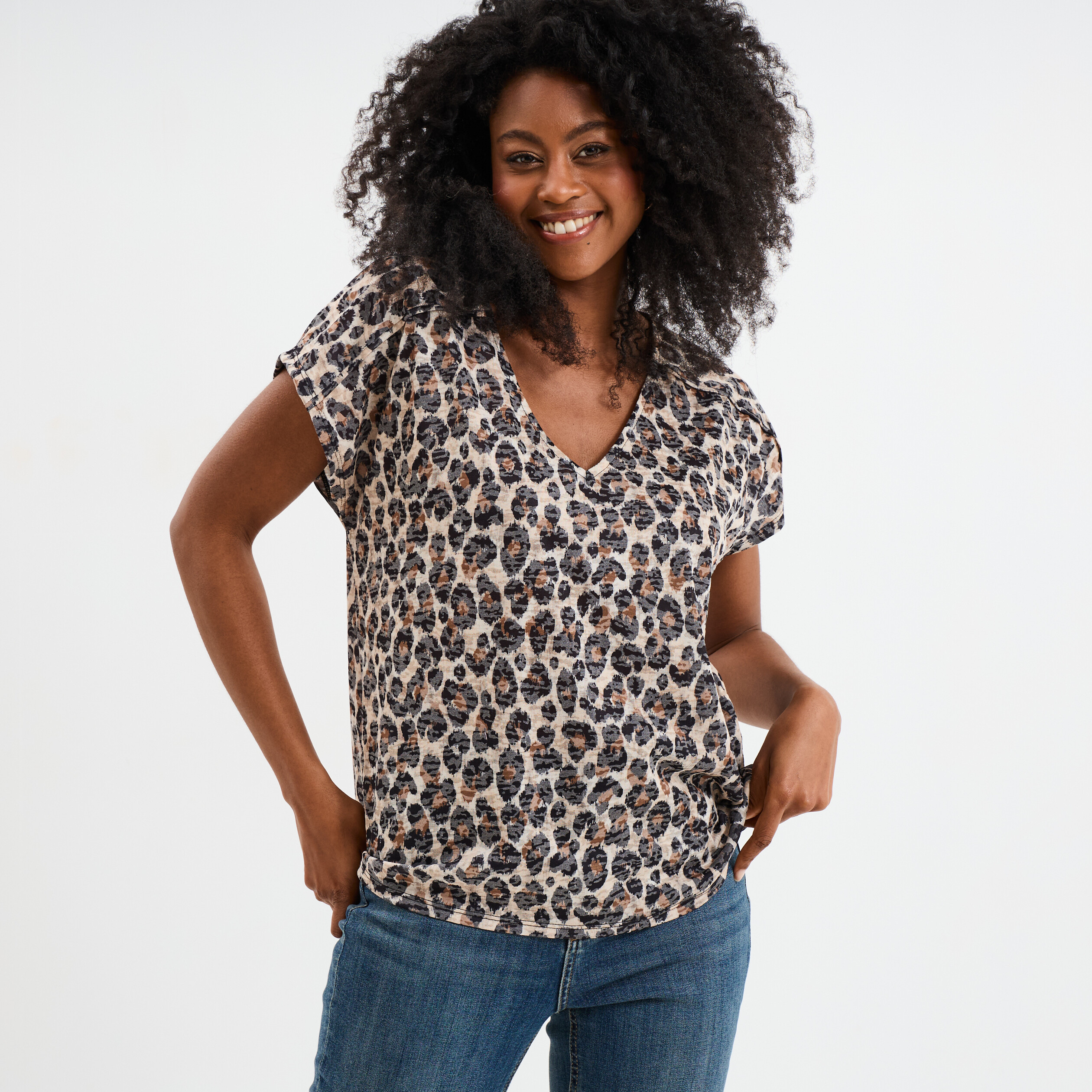 t shirt col en v manches courtes beige femme T-shirt col en V manches courtes beige femme