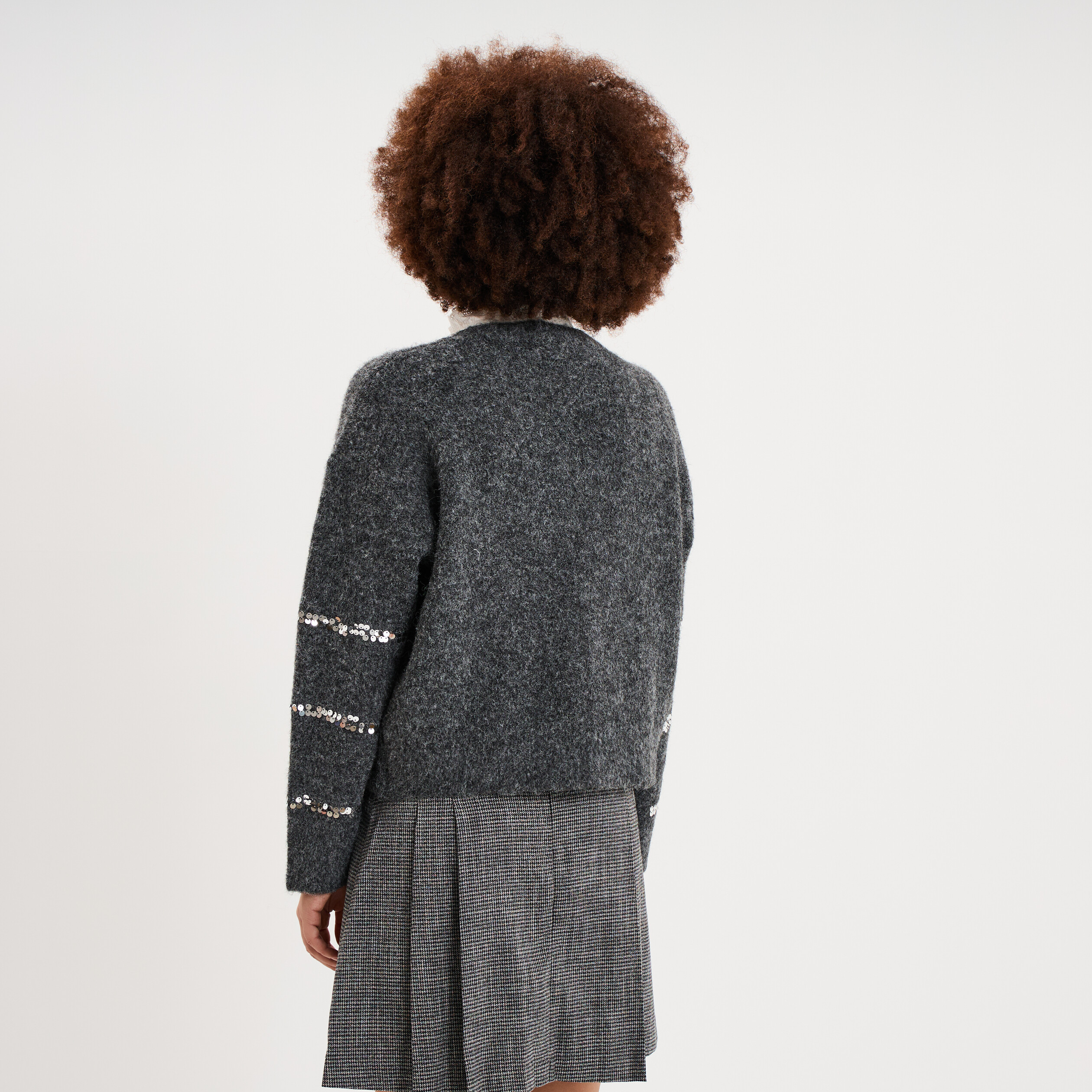 Pull col rond &agrave; sequins manches longues gris femme