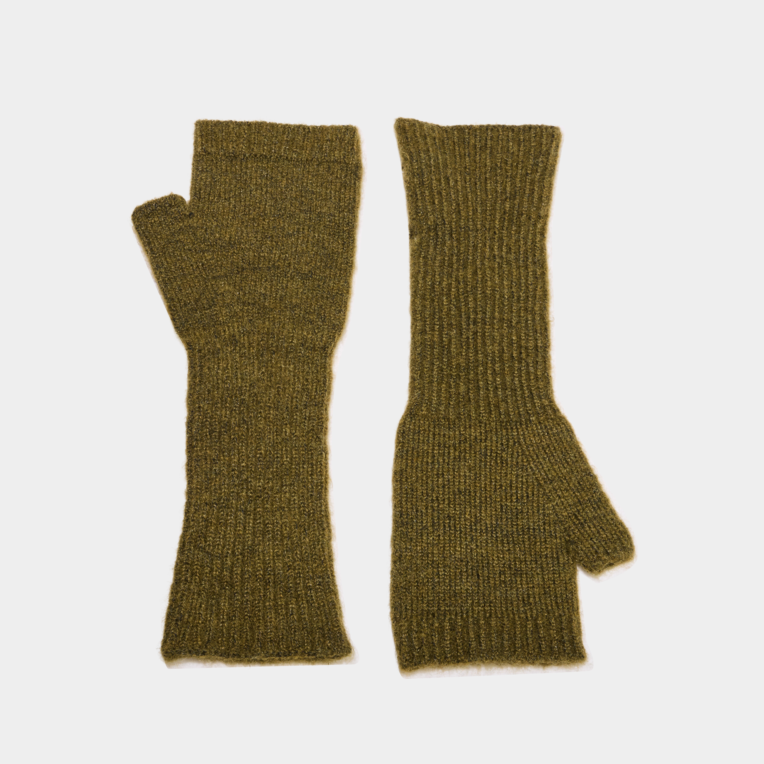 Mitaines longues en maille c&ocirc;tel&eacute;e vert olive femme