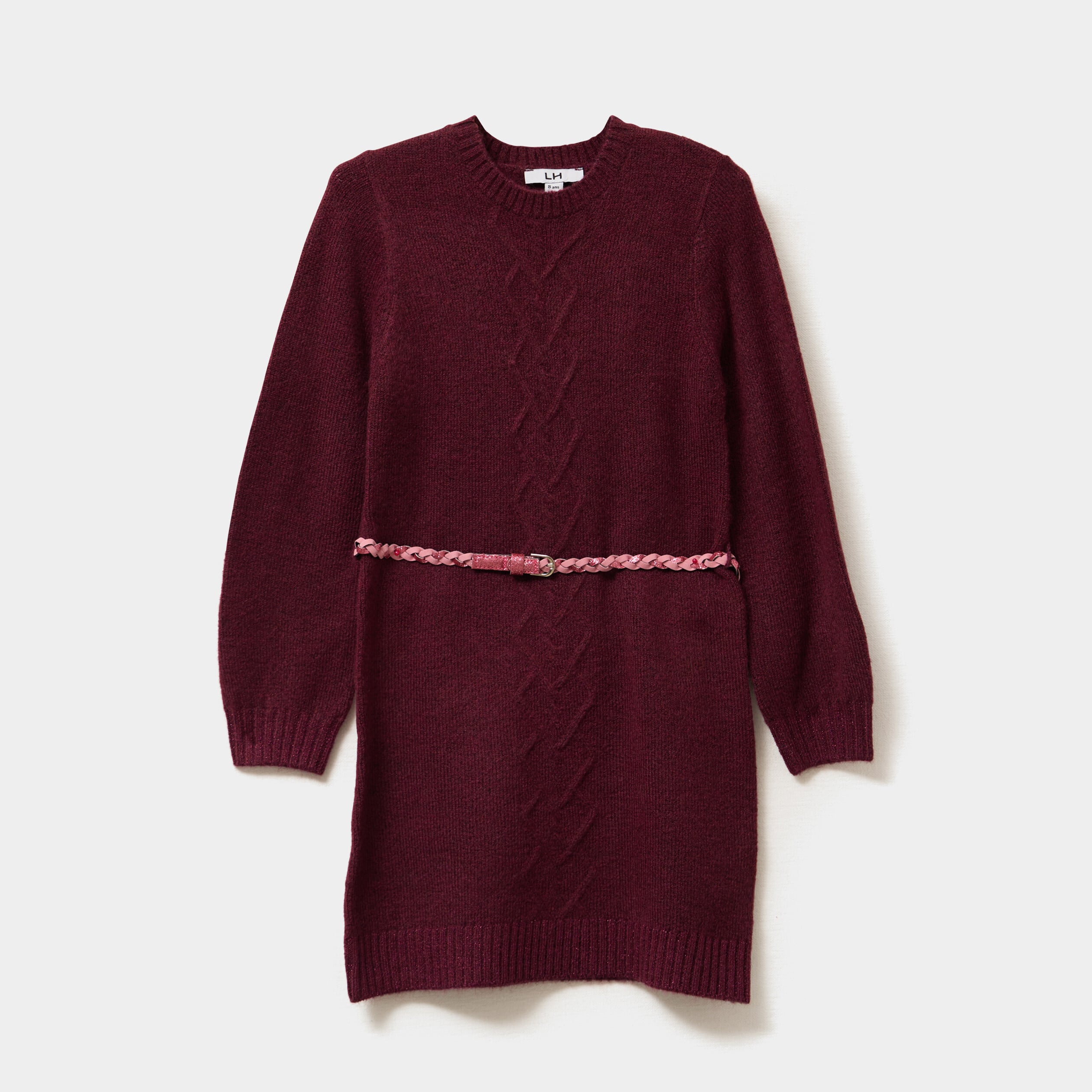 Robe pull courte avec ceinture tress&eacute;e bordeaux fille