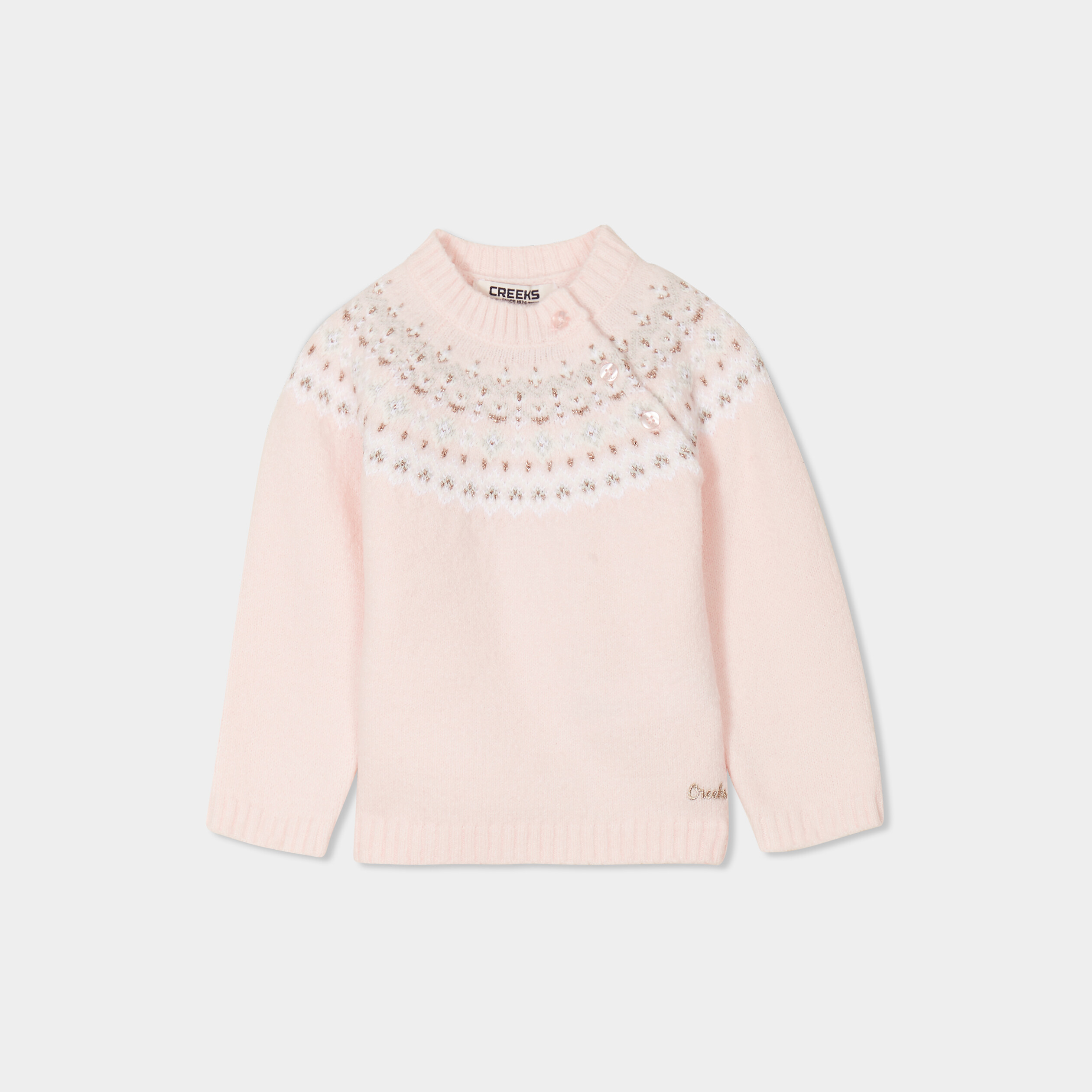 pull jacquard col montant creeks rose clair bebef Pull jacquard col montant Creeks rose clair bébé fille