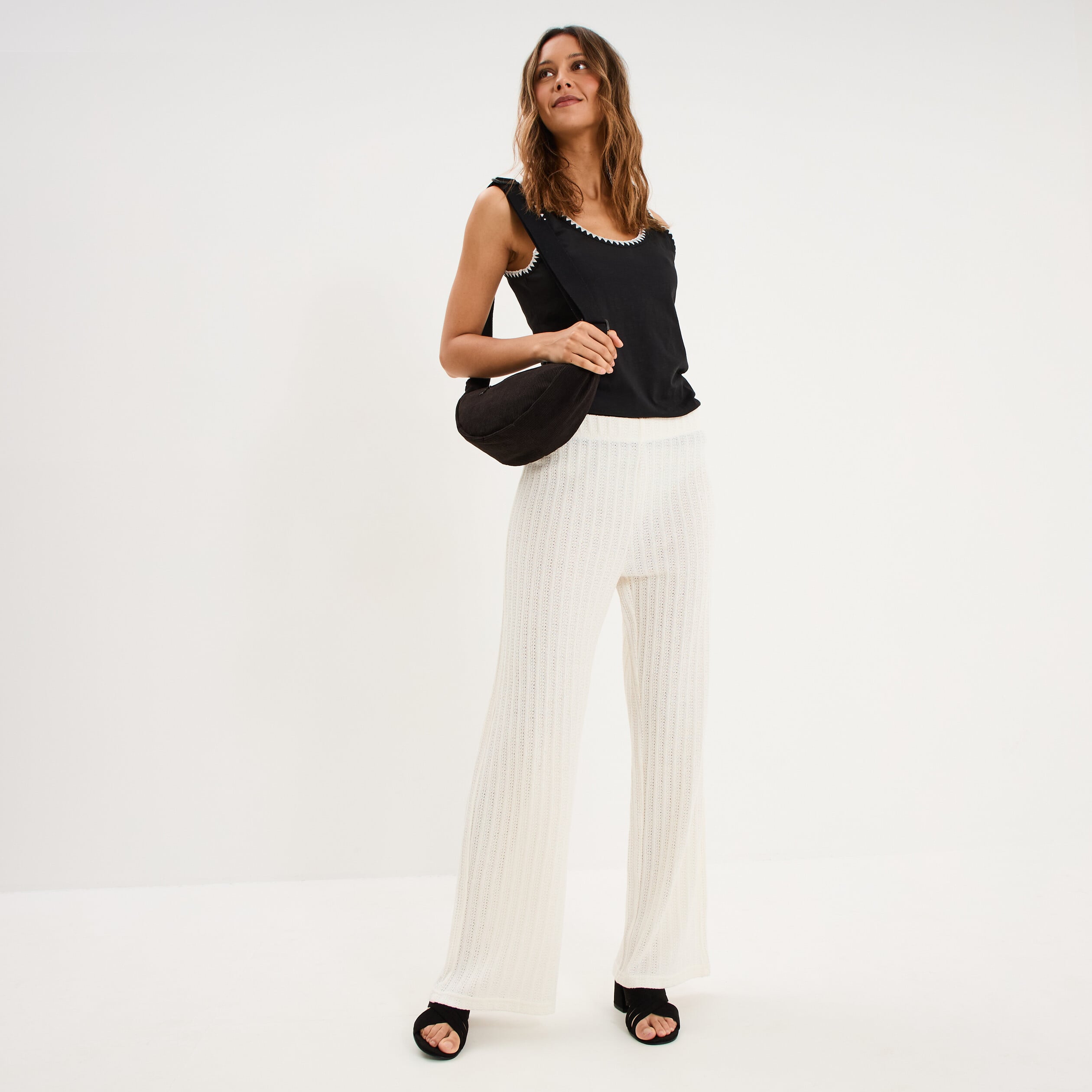 Pantalon large effet crochet &eacute;lastiqu&eacute; ecru femme