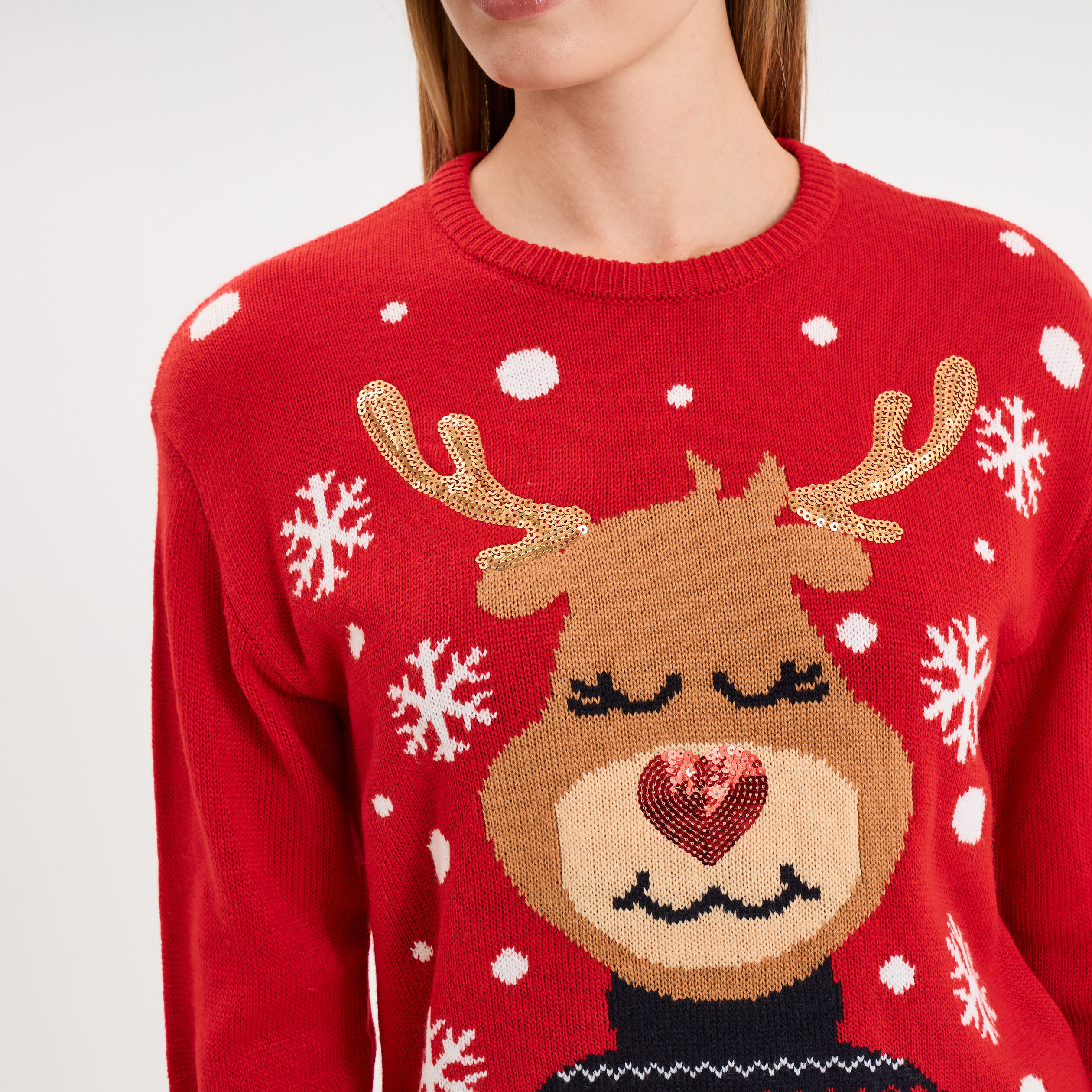 Pull de No&euml;l &agrave; sequins manches longues rouge femme