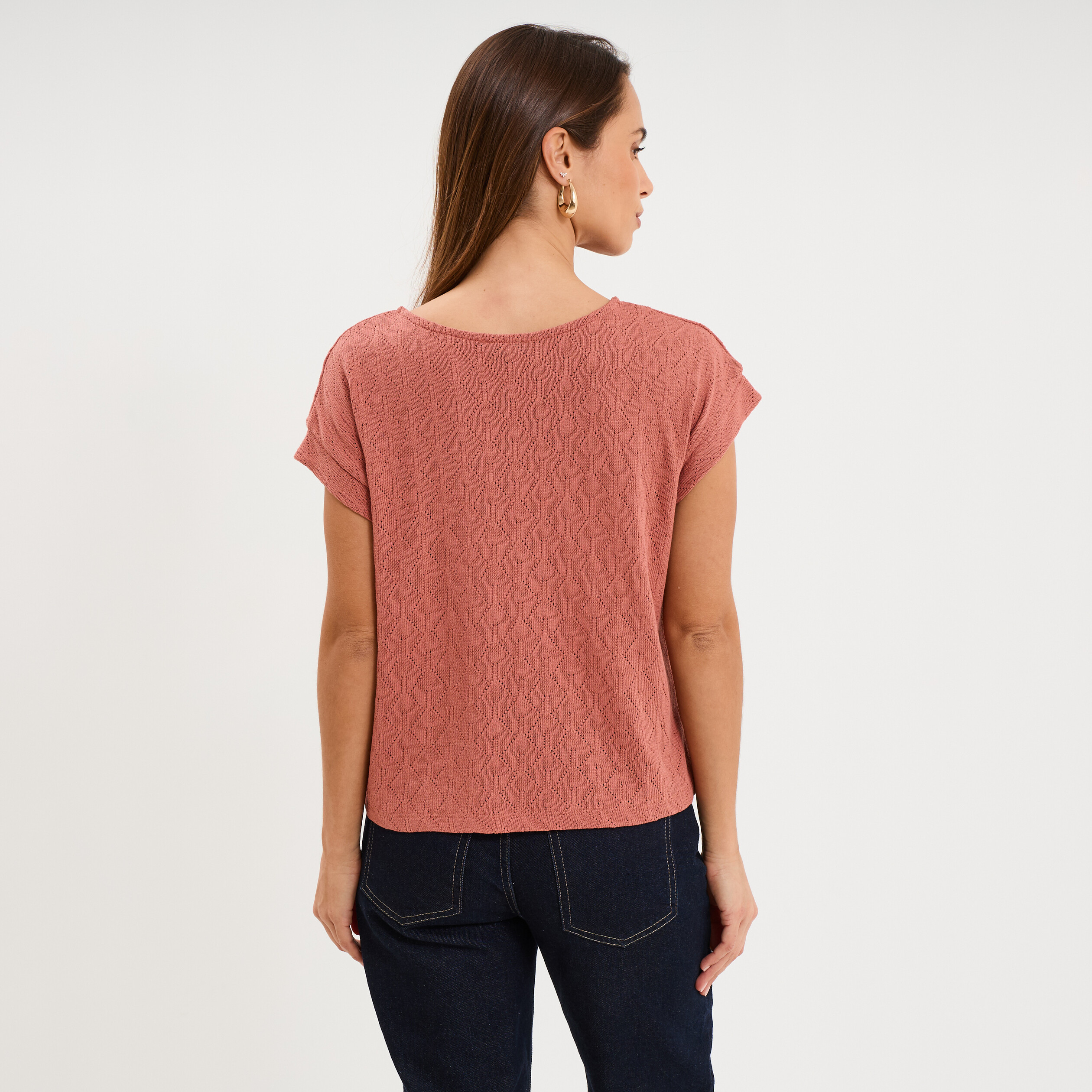 T-shirt ajour&eacute; manches courtes terracotta femme