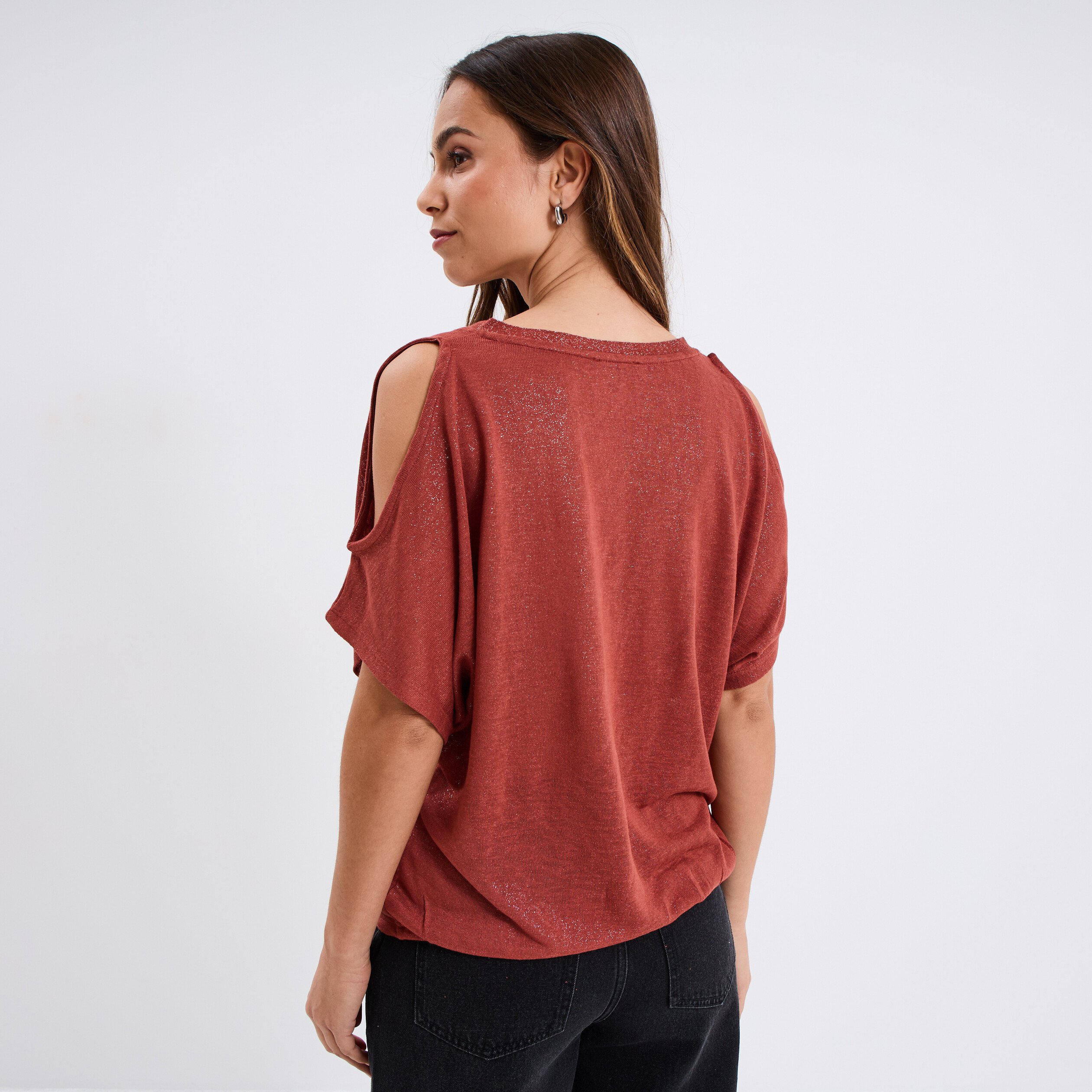 t shirt epaules ouvertes col en v marron cognac femme T-shirt épaules ouvertes col en V marron cognac femme