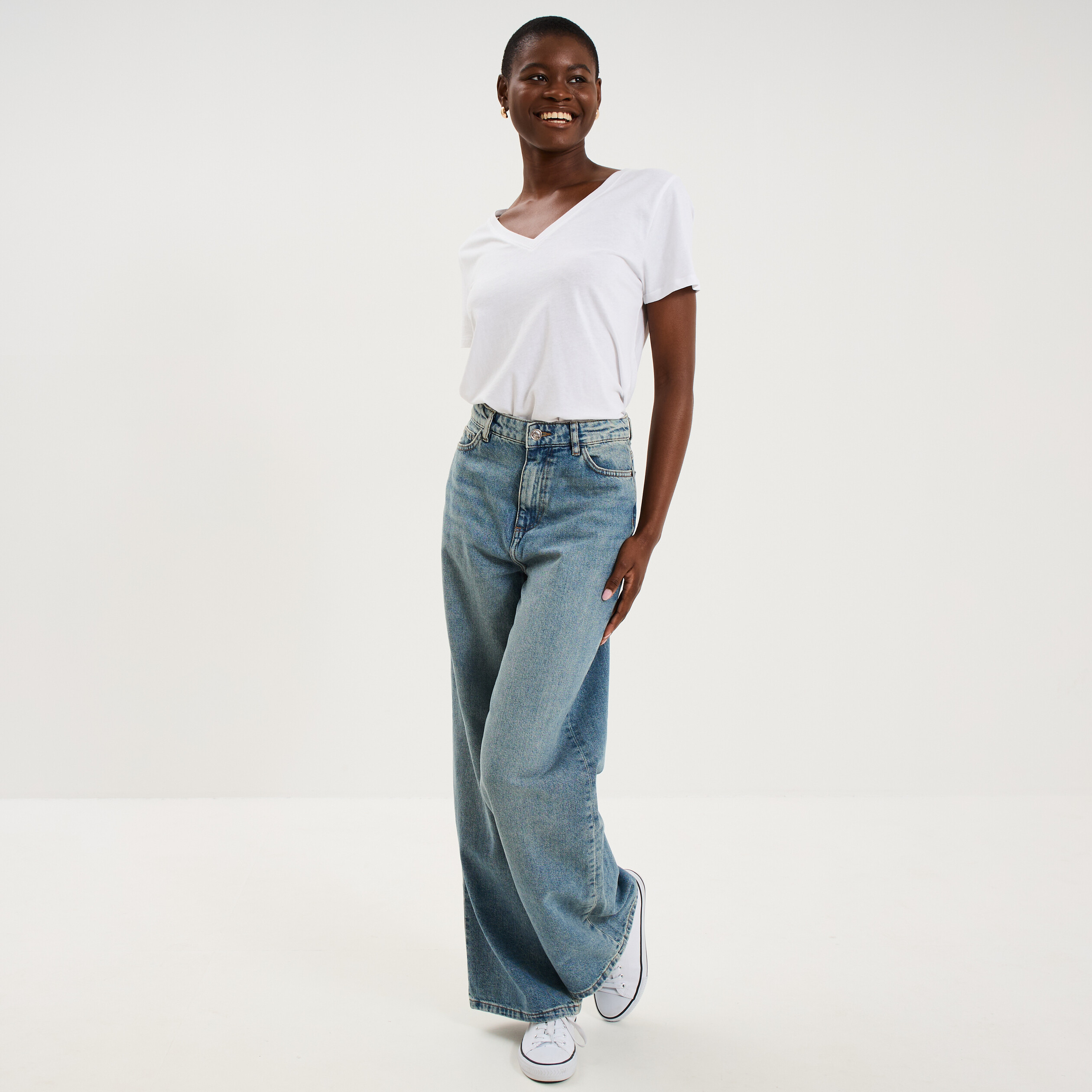 Jean large taille haute coton denim dirty femme