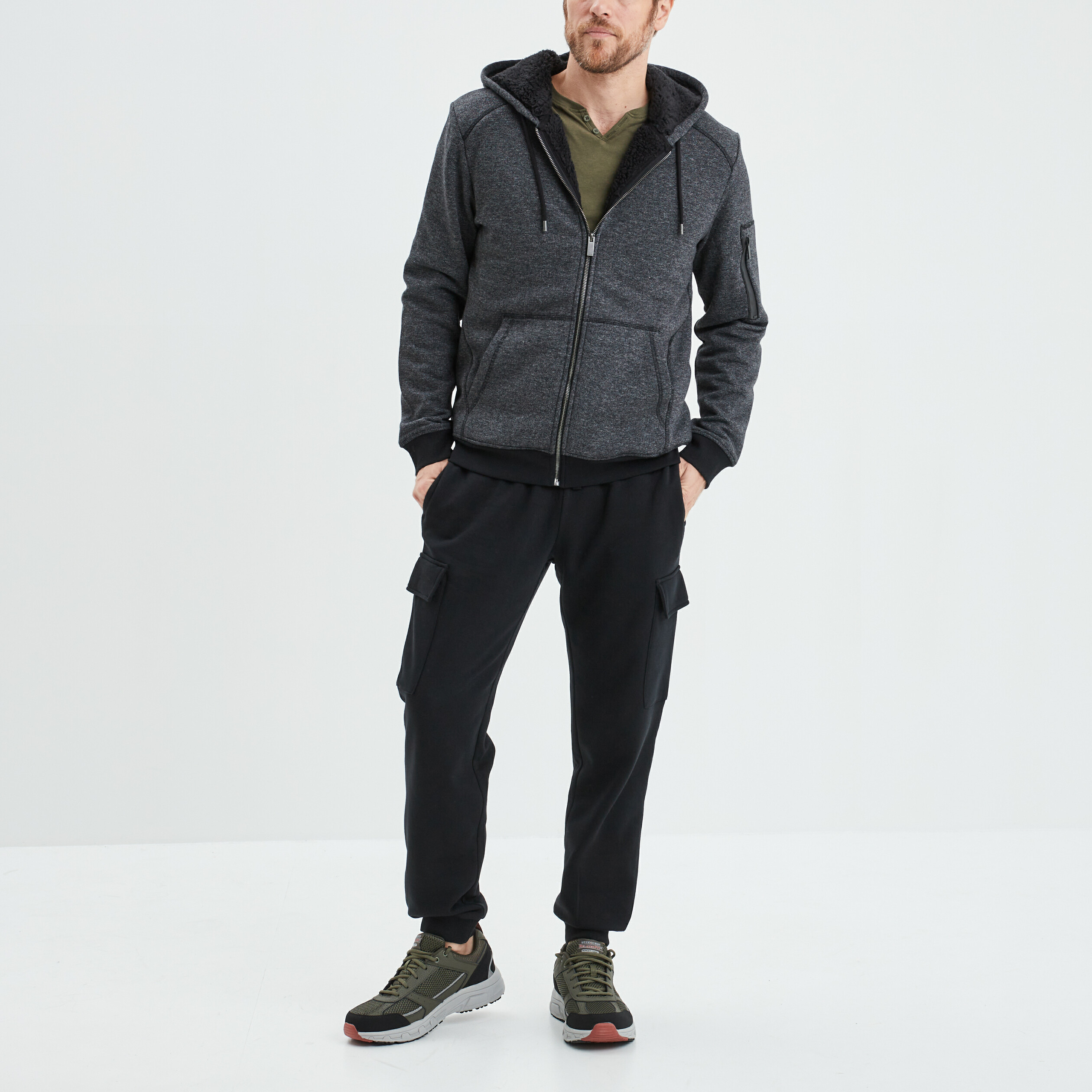 Sweat zipp&eacute; molleton doubl&eacute; sherpa gris fonc&eacute; homme