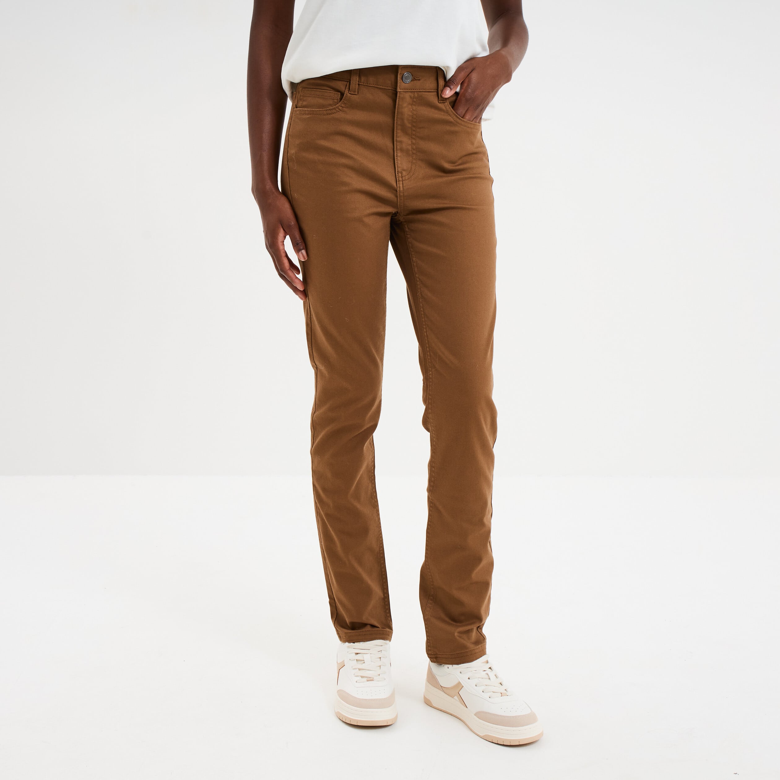 Pantalon slim stretch beige femme