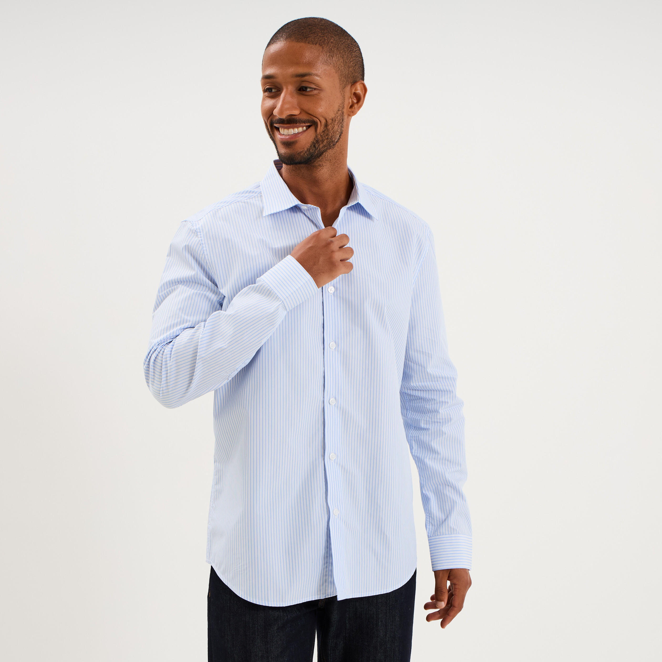 Chemise col italien manches longues bleu ciel homme