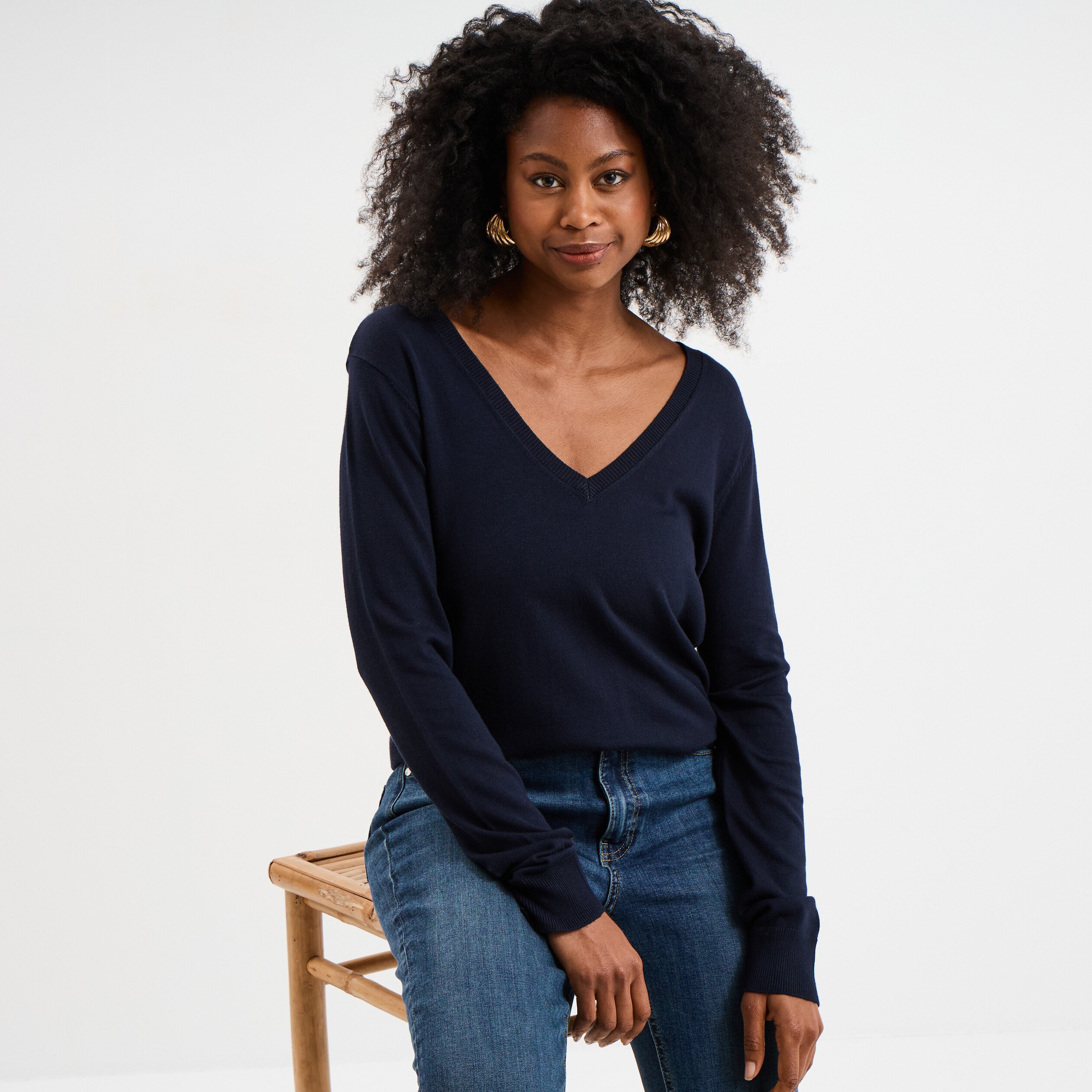 pull col en v manches longues bleu marine femme Pull col en V manches longues bleu marine femme