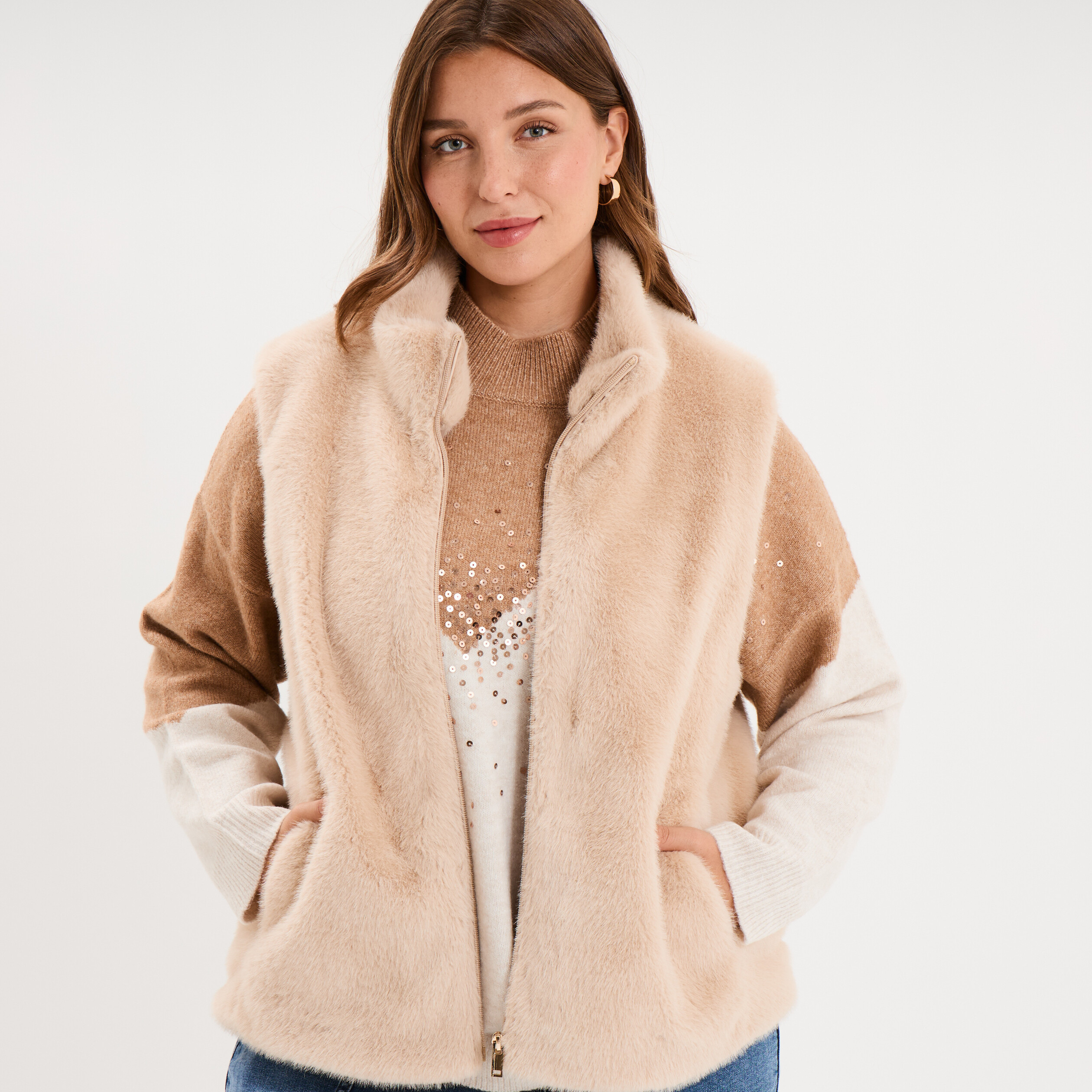 Veste fausse fourrure sans manches beige femme grande taille