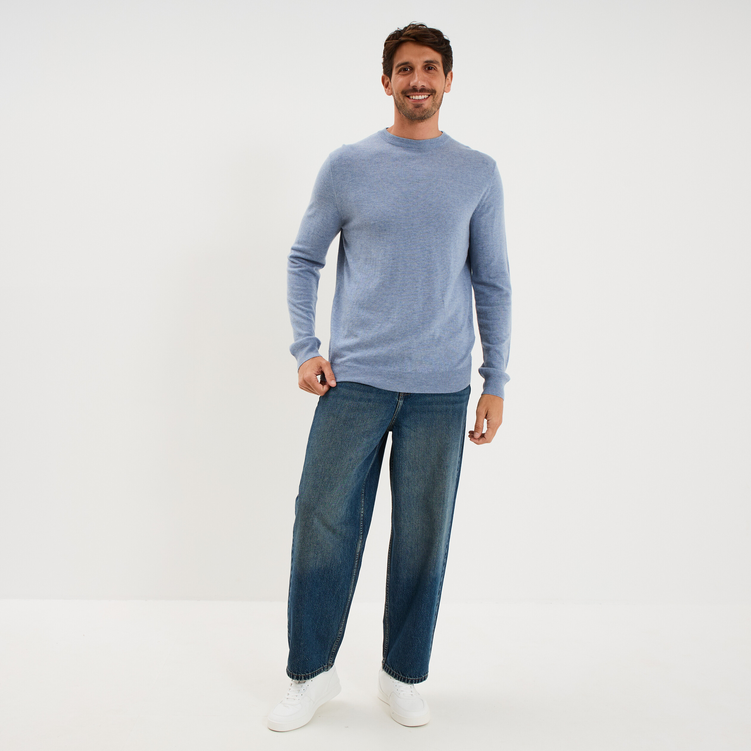 Pull col rond manches longues bleu gris homme