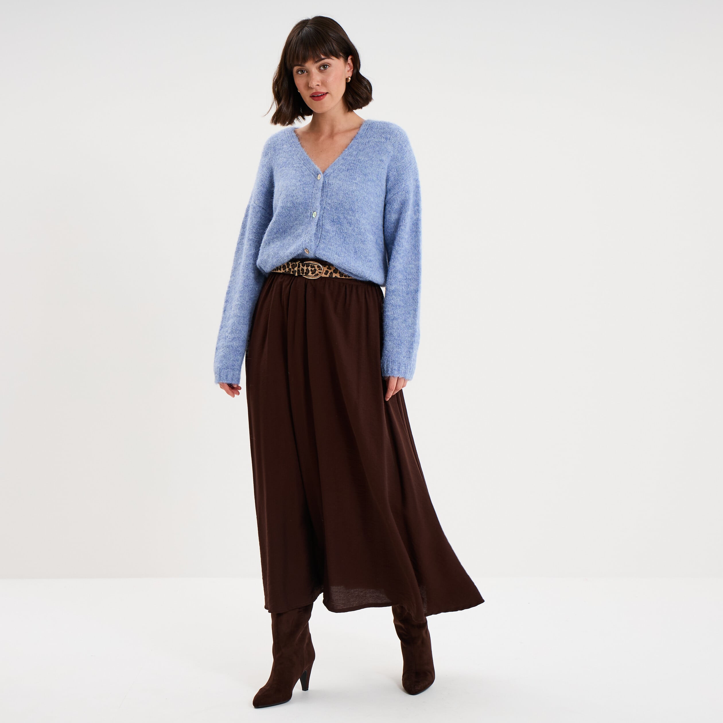 Jupe longue &eacute;vas&eacute;e taille &eacute;lastiqu&eacute;e marron fonc&eacute; femme