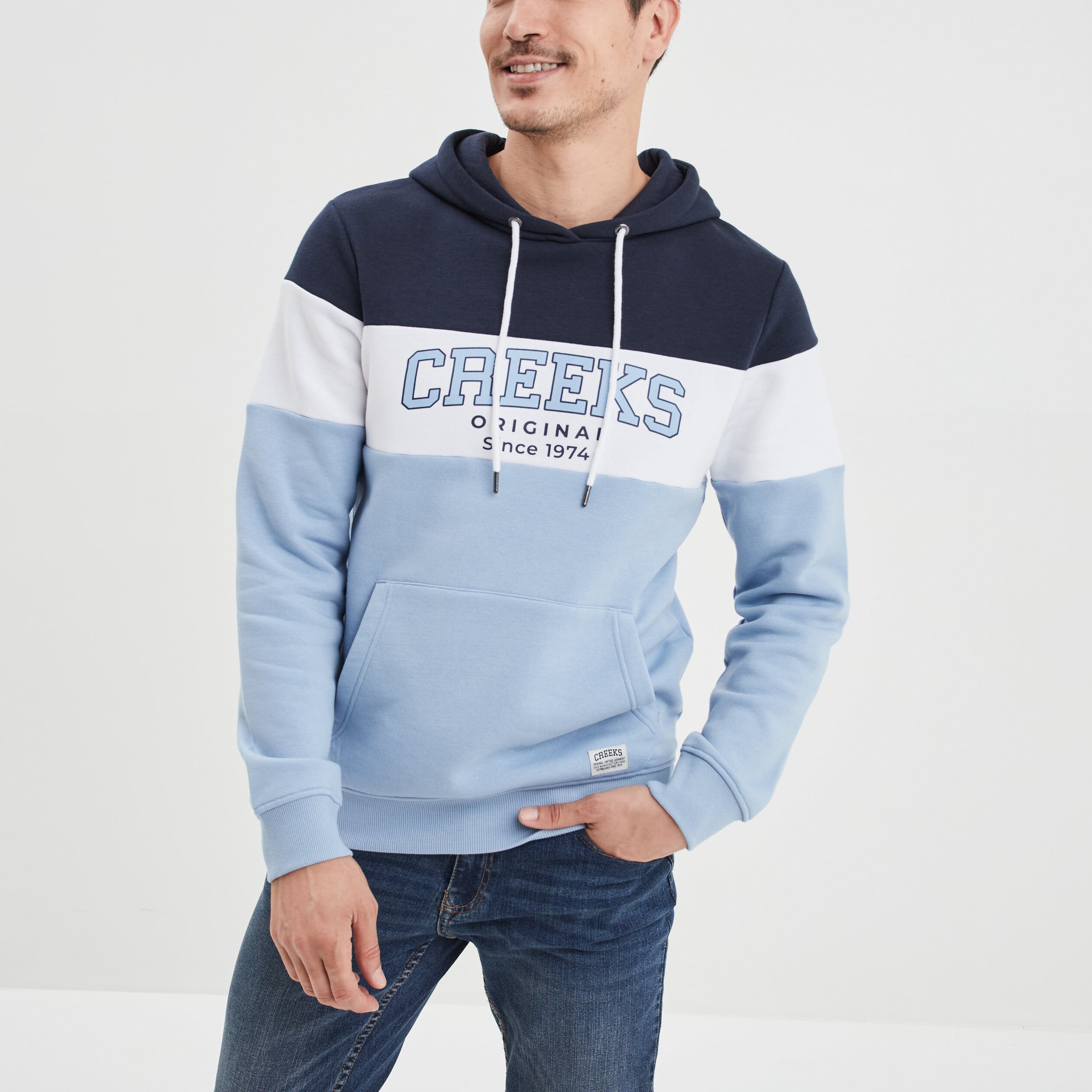 Sweat &agrave; capuche hoodie molleton Creeks bleu ciel homme