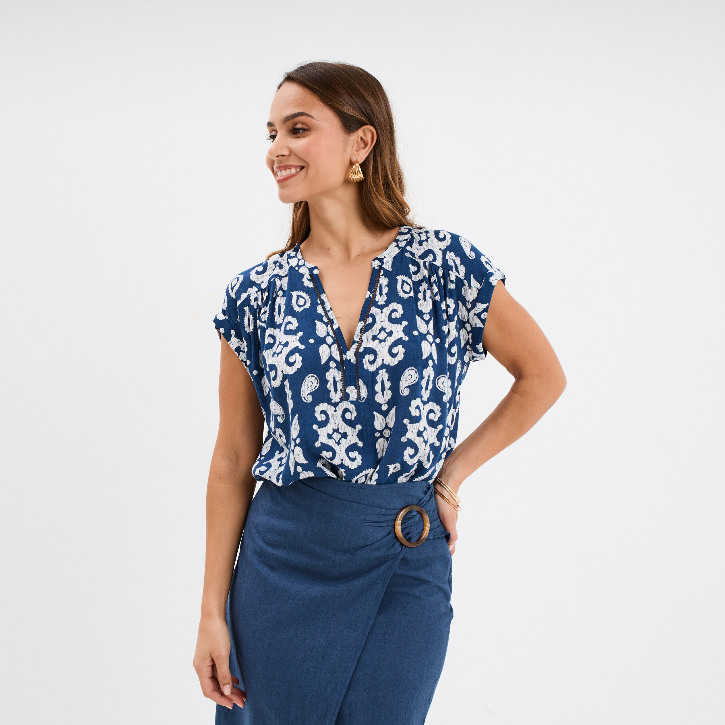 Blouse crépon manches courtes bleu marine femme