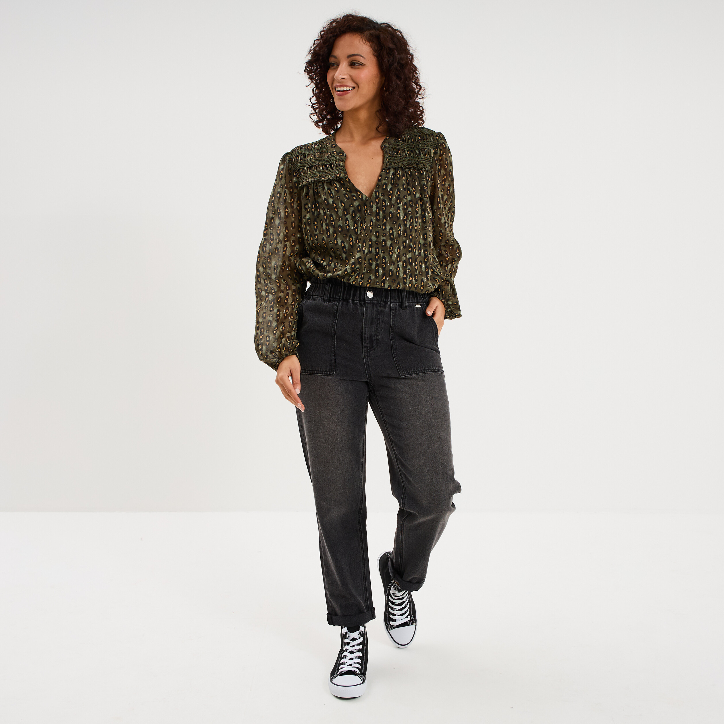 Jean paperbag cropped taille &eacute;lastiqu&eacute;e denim noir femme