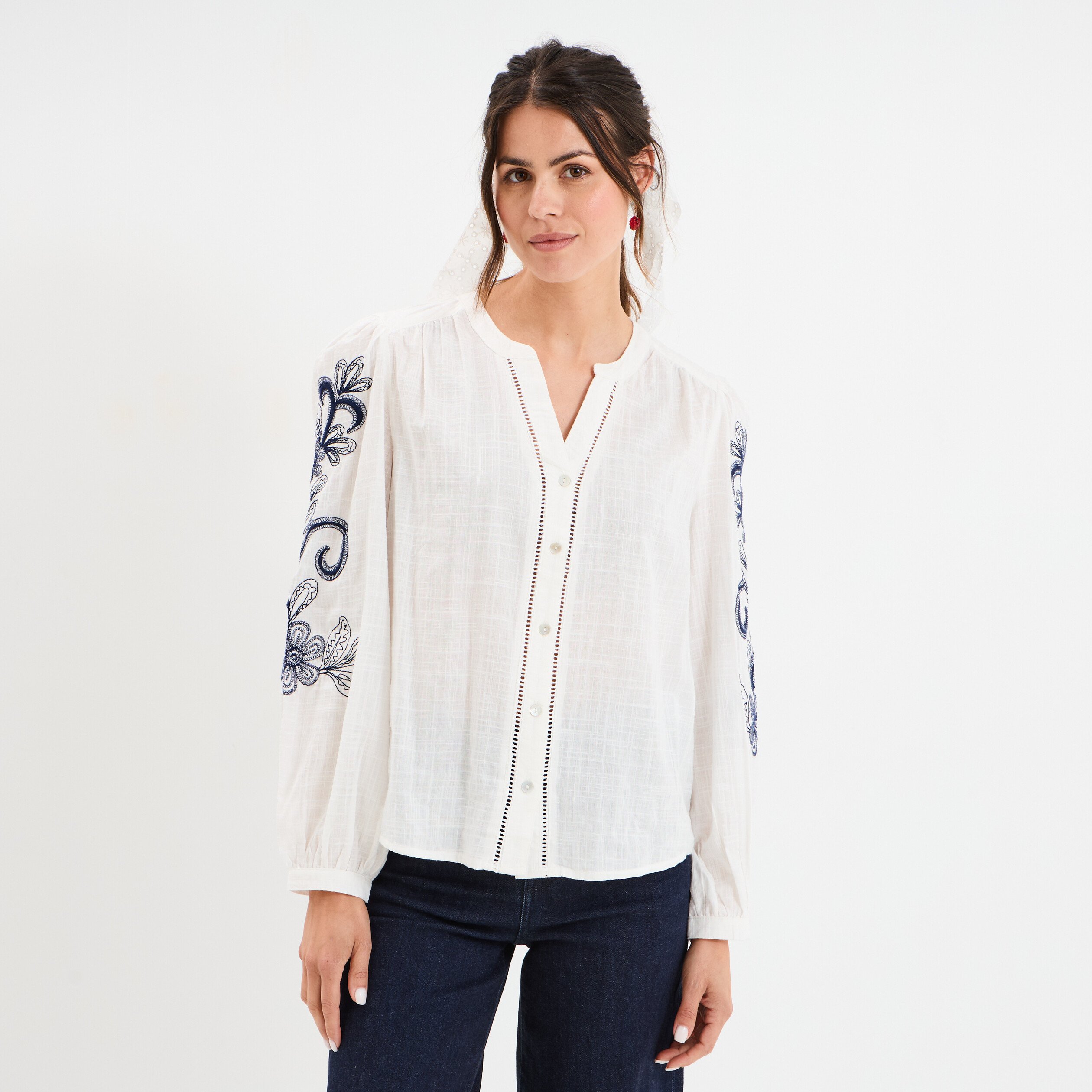 blouse col tunisien manches brodees ecru femme Blouse col tunisien manches brodées ecru femme